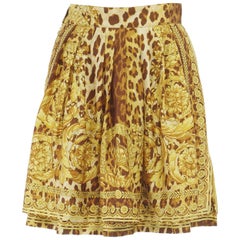 GIANNI VERSACE brown leopard gold baroque rococo print flared mini skirt IT42 M