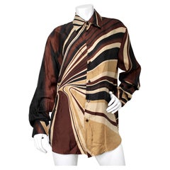 Gianni Versace Brown Sunburst Silk Print Button-Up Shirt circa 1980s