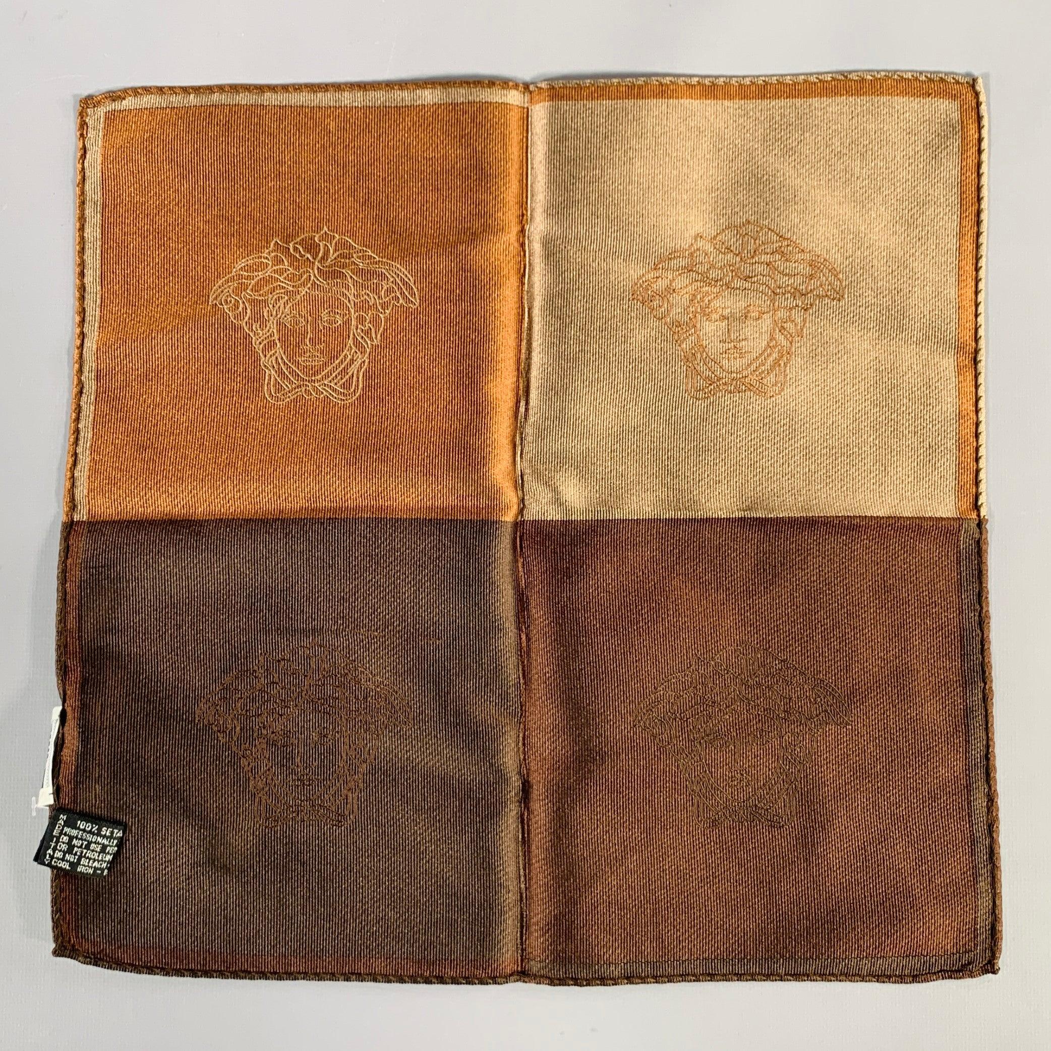 GIANNI VERSACE Brown Taupe Medusa Heads Silk Pocket Square In Good Condition In San Francisco, CA