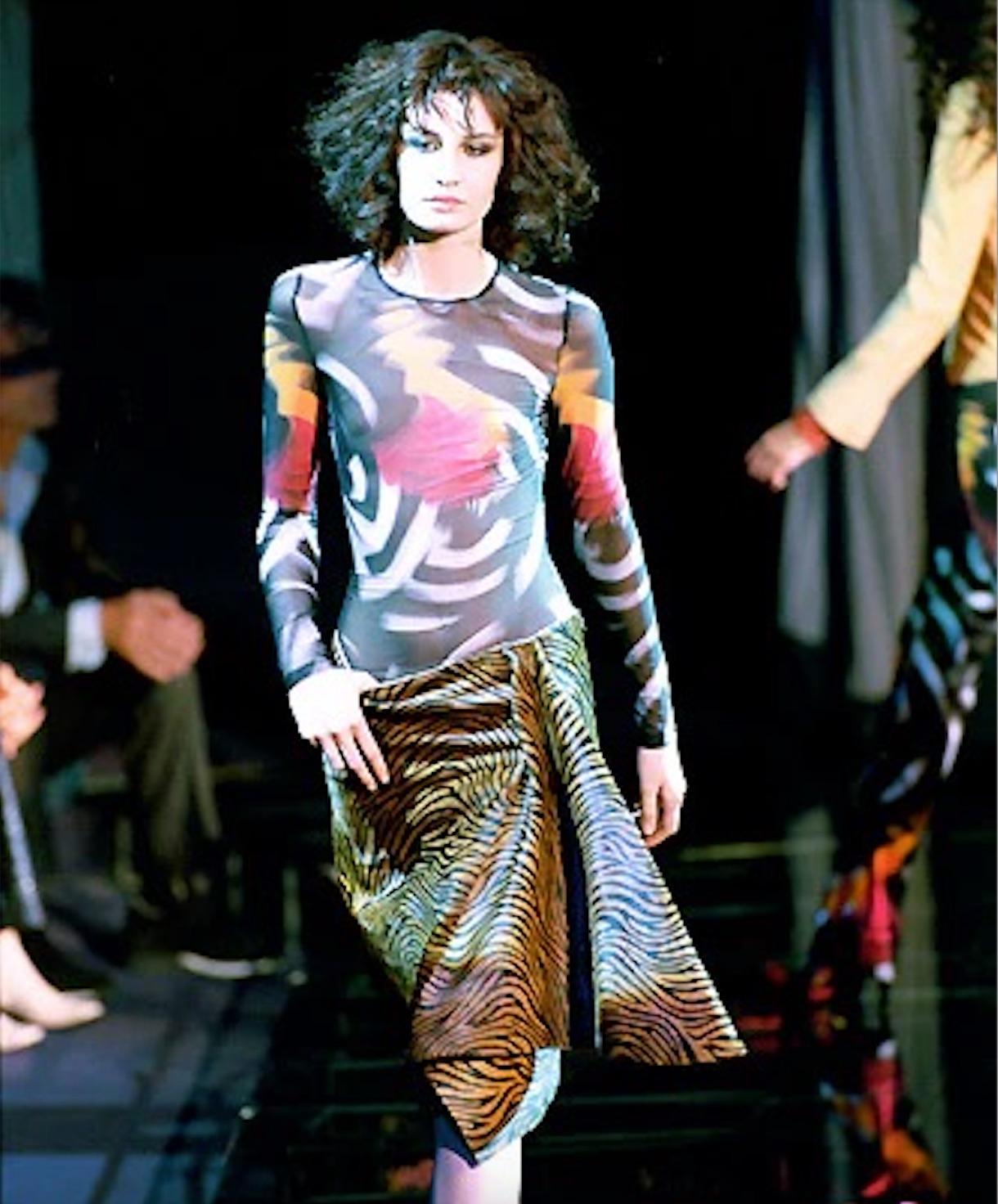 Black Gianni Versace by Donatella Versace Abstract Skirt & Mesh Top, FW 1999 For Sale