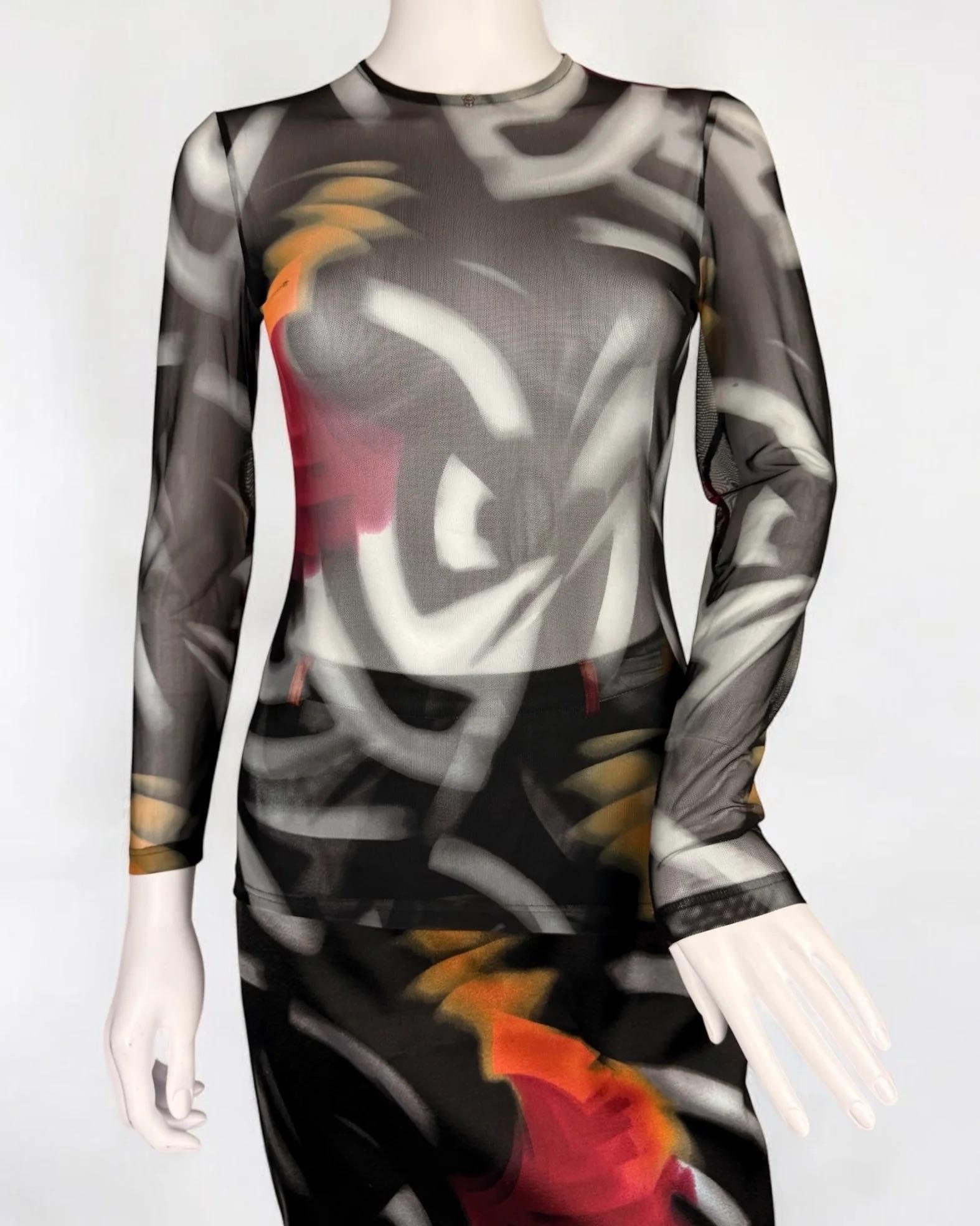 Women's or Men's Gianni Versace by Donatella Versace Abstract Skirt & Mesh Top, FW 1999 For Sale