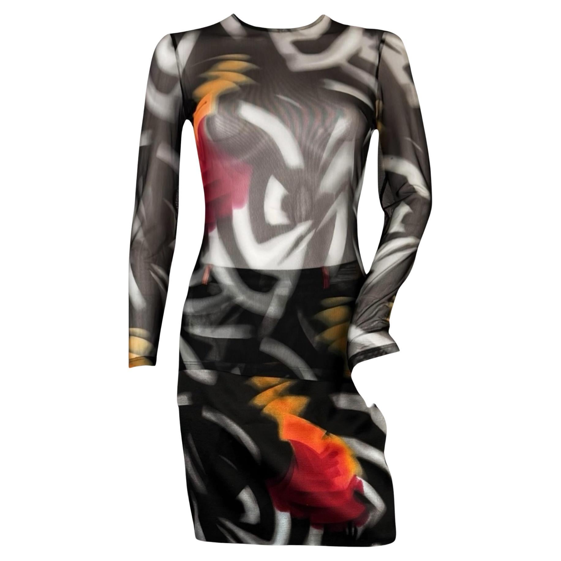 Gianni Versace by Donatella Versace Abstract Skirt & Mesh Top, FW 1999 For Sale
