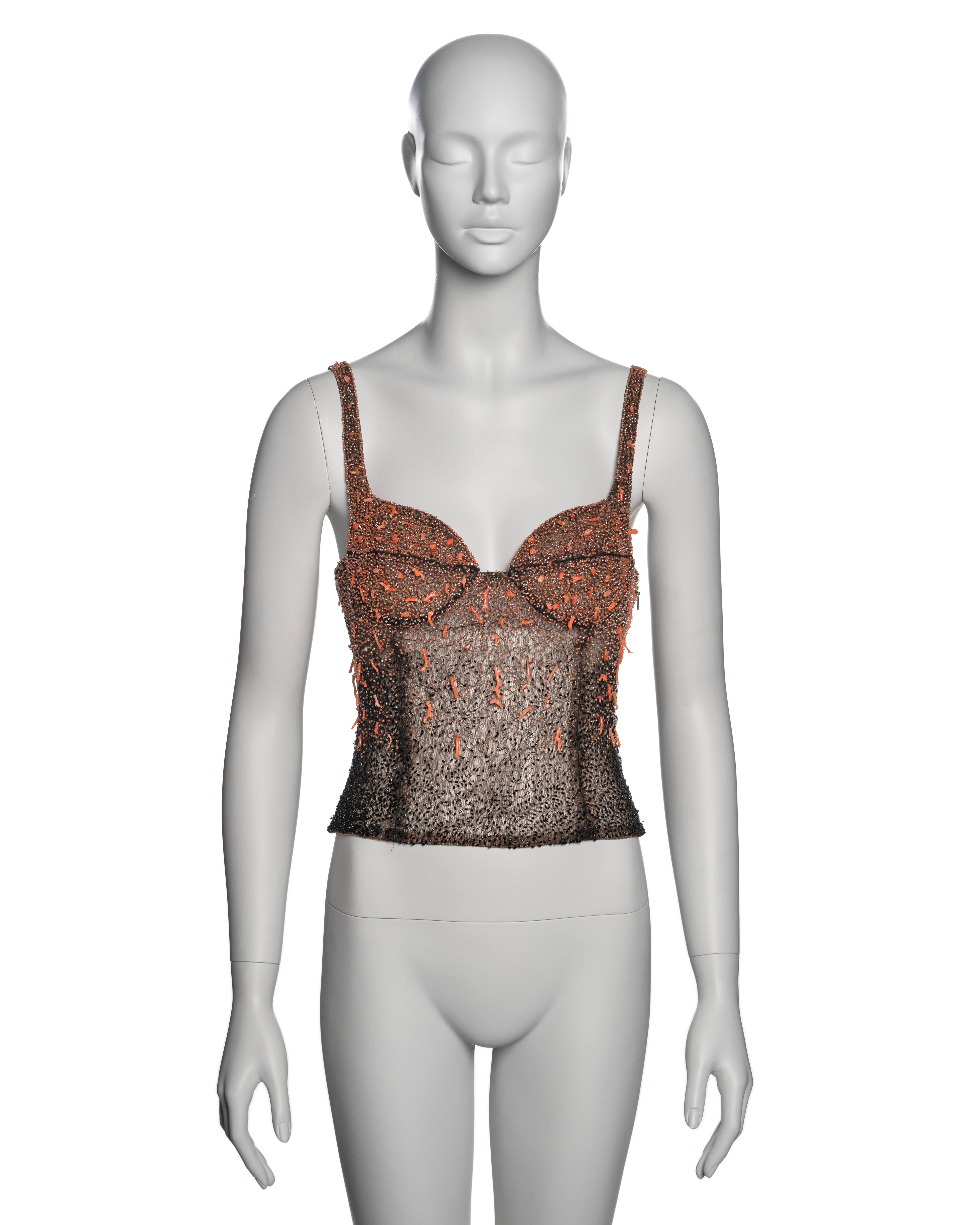 ▪ Brand: Gianni Versace
▪ Creative Director: Donatella Versace
▪ Collection: Fall-Winter 1999
▪ Fabric: Nude nylon mesh
 ▪ Details: Bead embroidered in an ombre from coral to black, featuring genuine cut coral branches
▪ Size: IT40 - FR36 - UK8 -