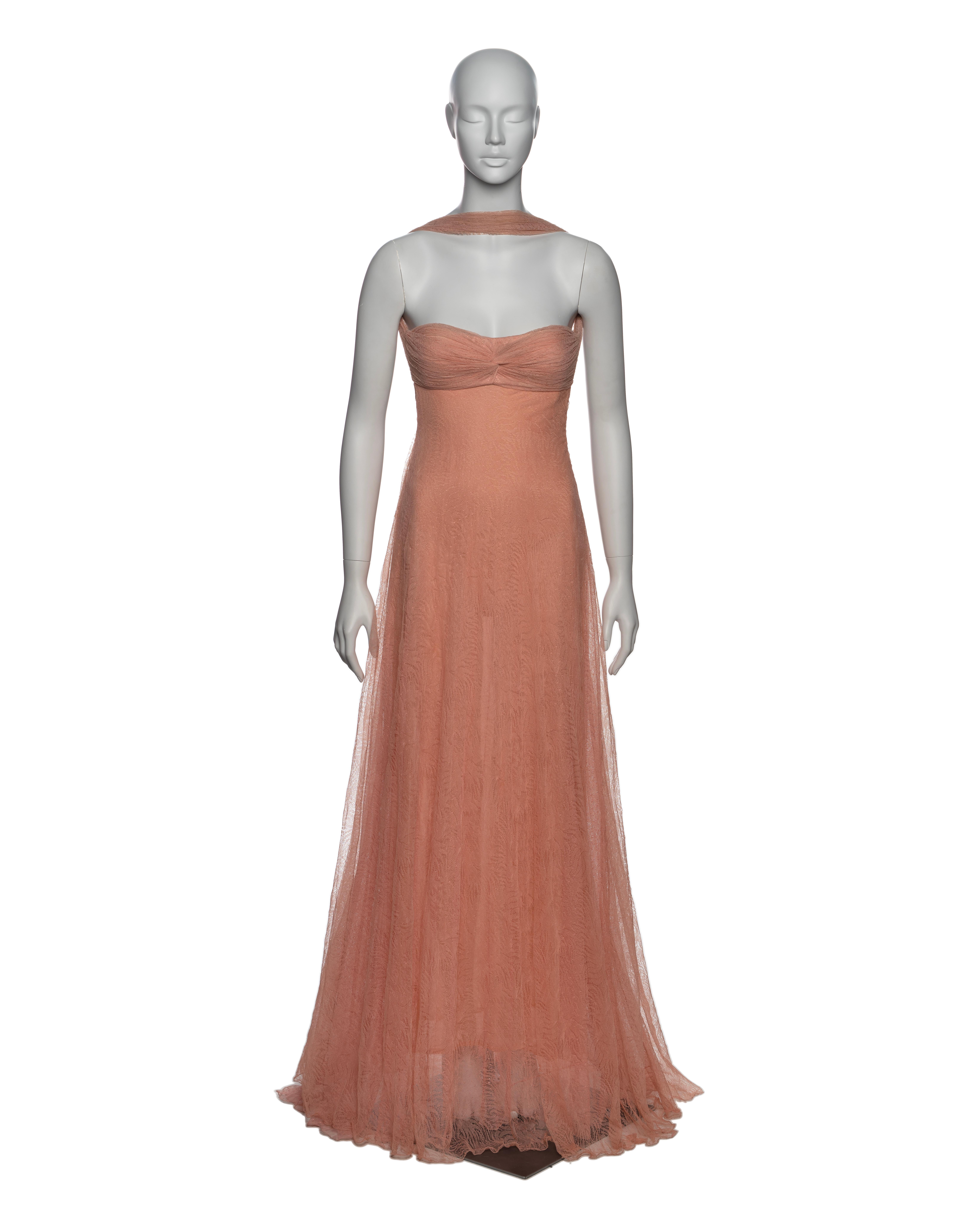 ▪ Brand: Gianni Versace
▪ Creative Director: Donatella Versace
▪ Collection: Fall-Winter 2000
▪ Fabric:  Peach Pink Stretch Lace, 81% Cotton, 10% Nylon, 9% Elastane
▪ Details: reverse halter neck strap, sweetheart neckline,  fitted bodice, open