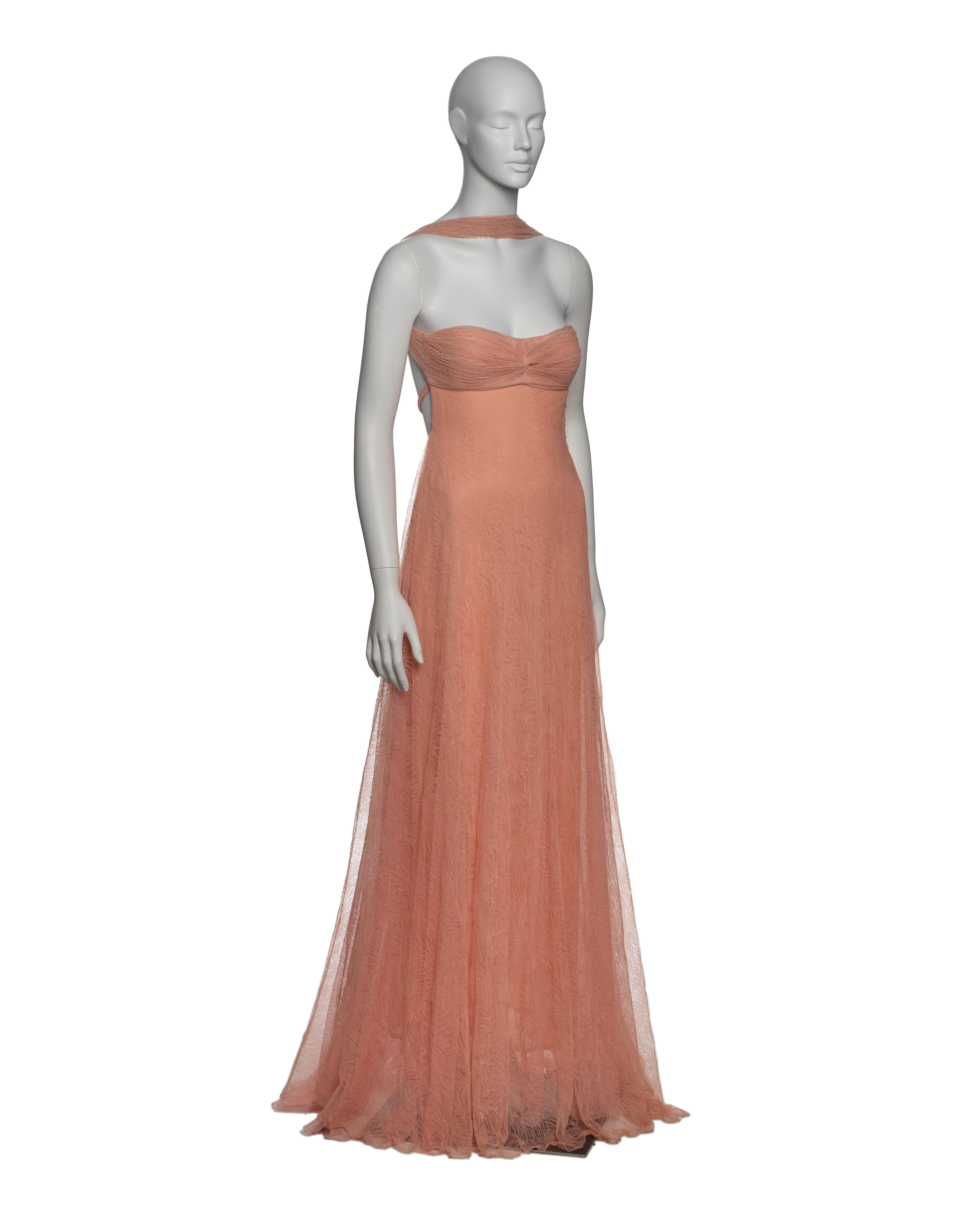 Gianni Versace by Donatella Versace Pink Peach Lace Evening Maxi Dress, FW 2000 3
