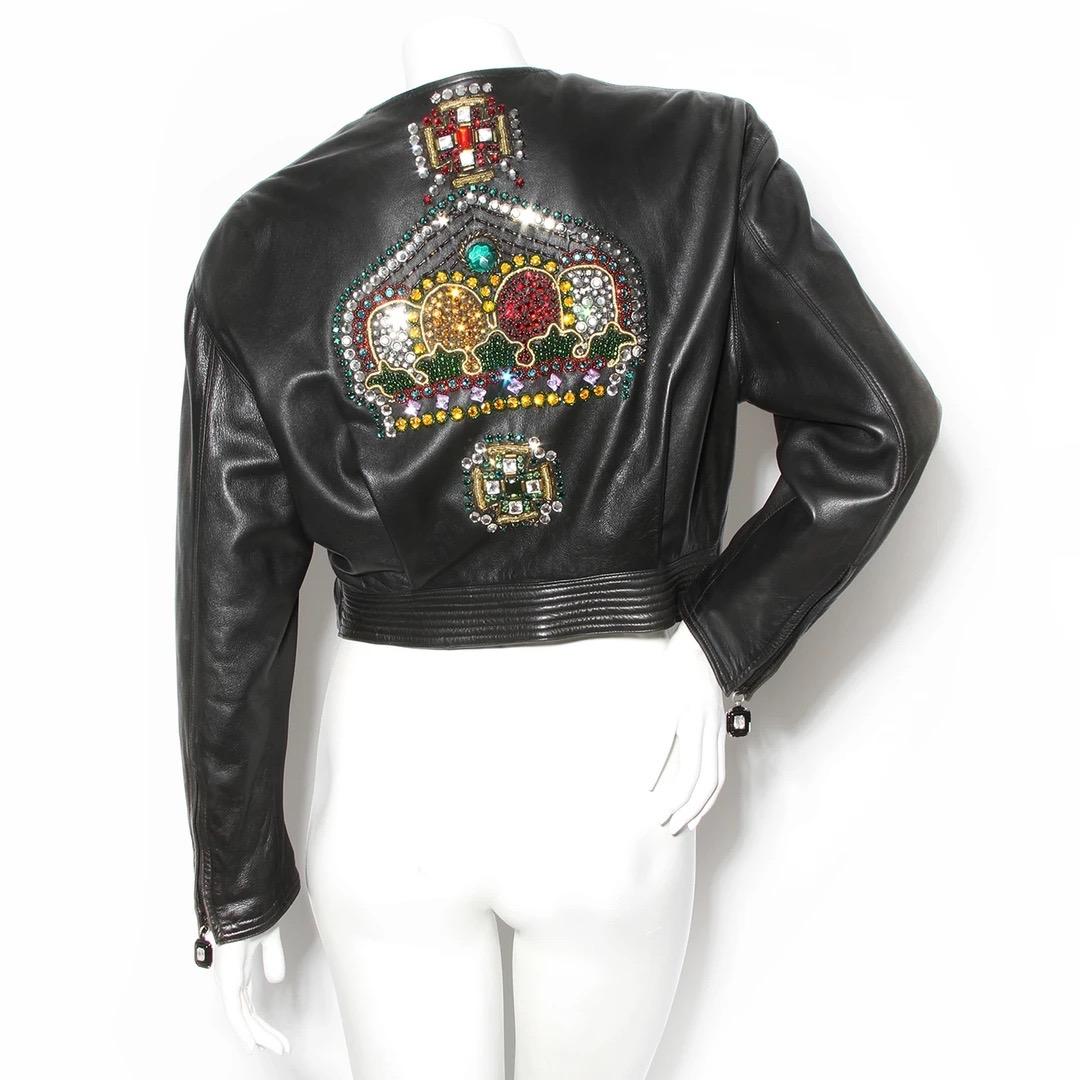 Gianni Versace Motorcycle Jacket 
Fall / Winter 1991
Vintage 
Made in Italy 
Crop style motorcycle jacket
Multi color crystals and beads embellish the jacket in a 