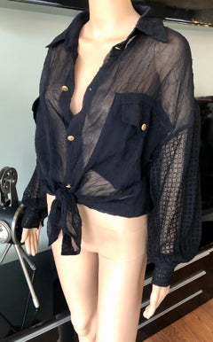 Gianni Versace c. 1990 Vintage Sheer Silk Mesh Black Shirt Blouse Top