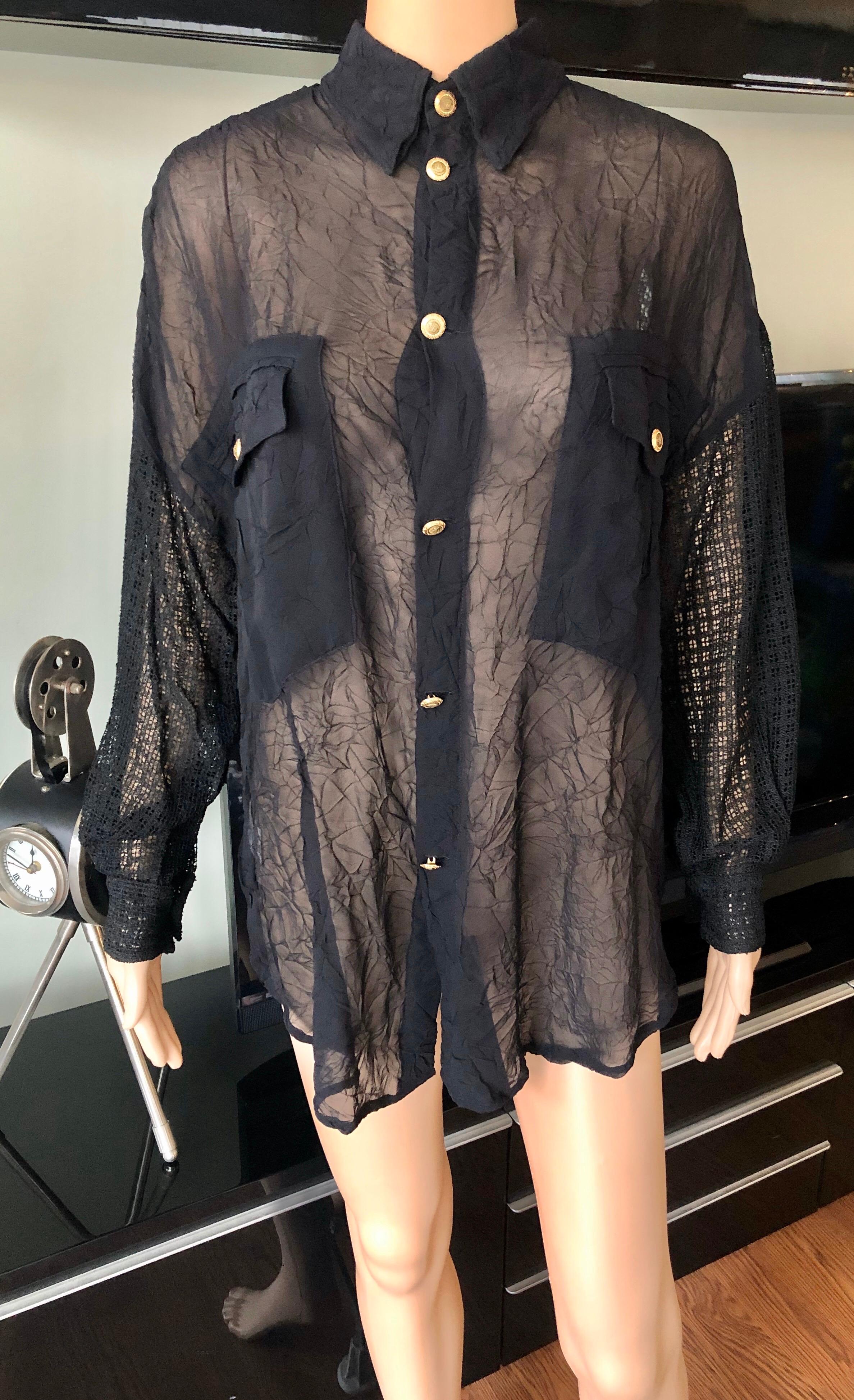 Gianni Versace c. 1990 Vintage Sheer Silk Mesh Black Shirt Blouse Top In Good Condition For Sale In Naples, FL