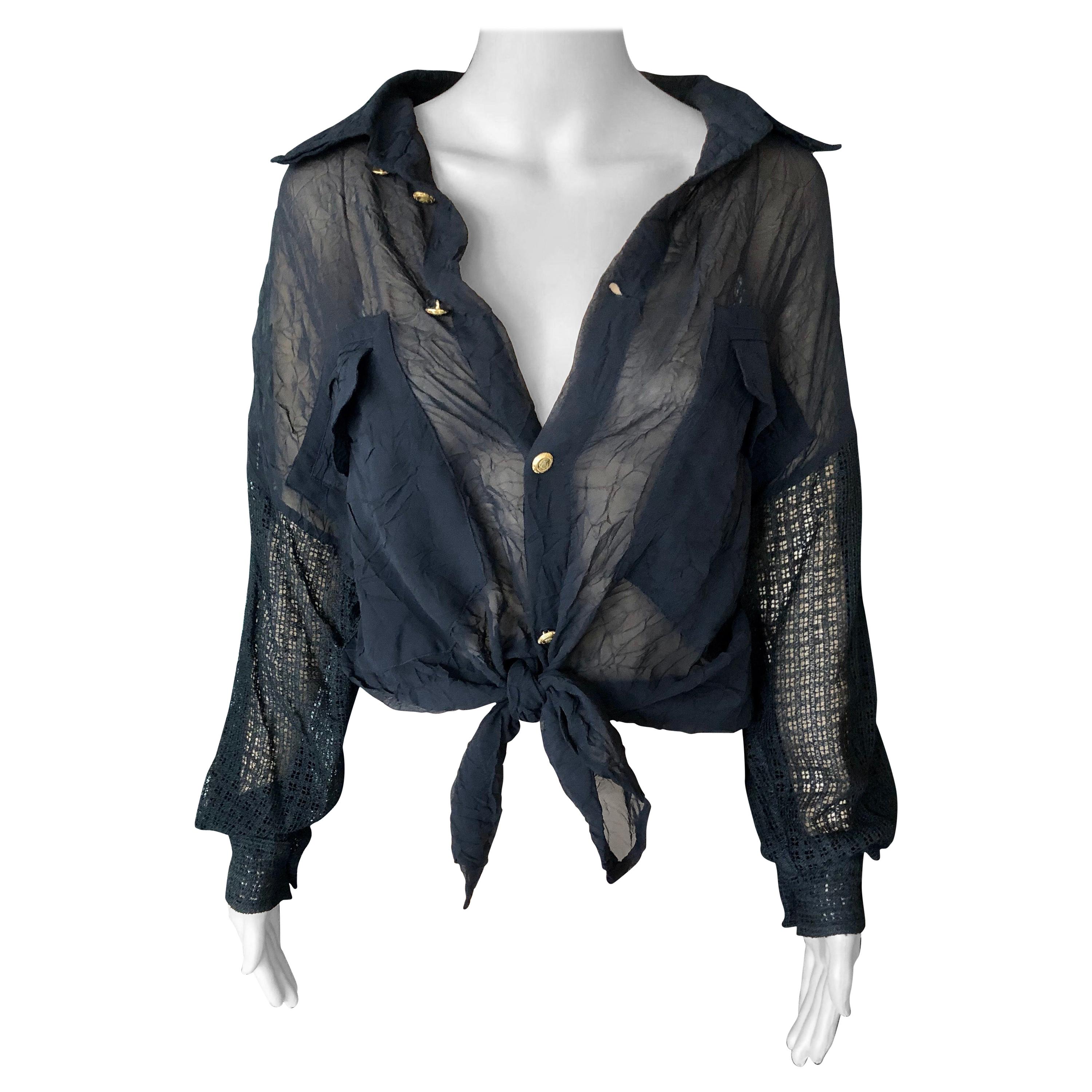 Gianni Versace c. 1990 Vintage Sheer Silk Mesh Black Shirt Blouse Top