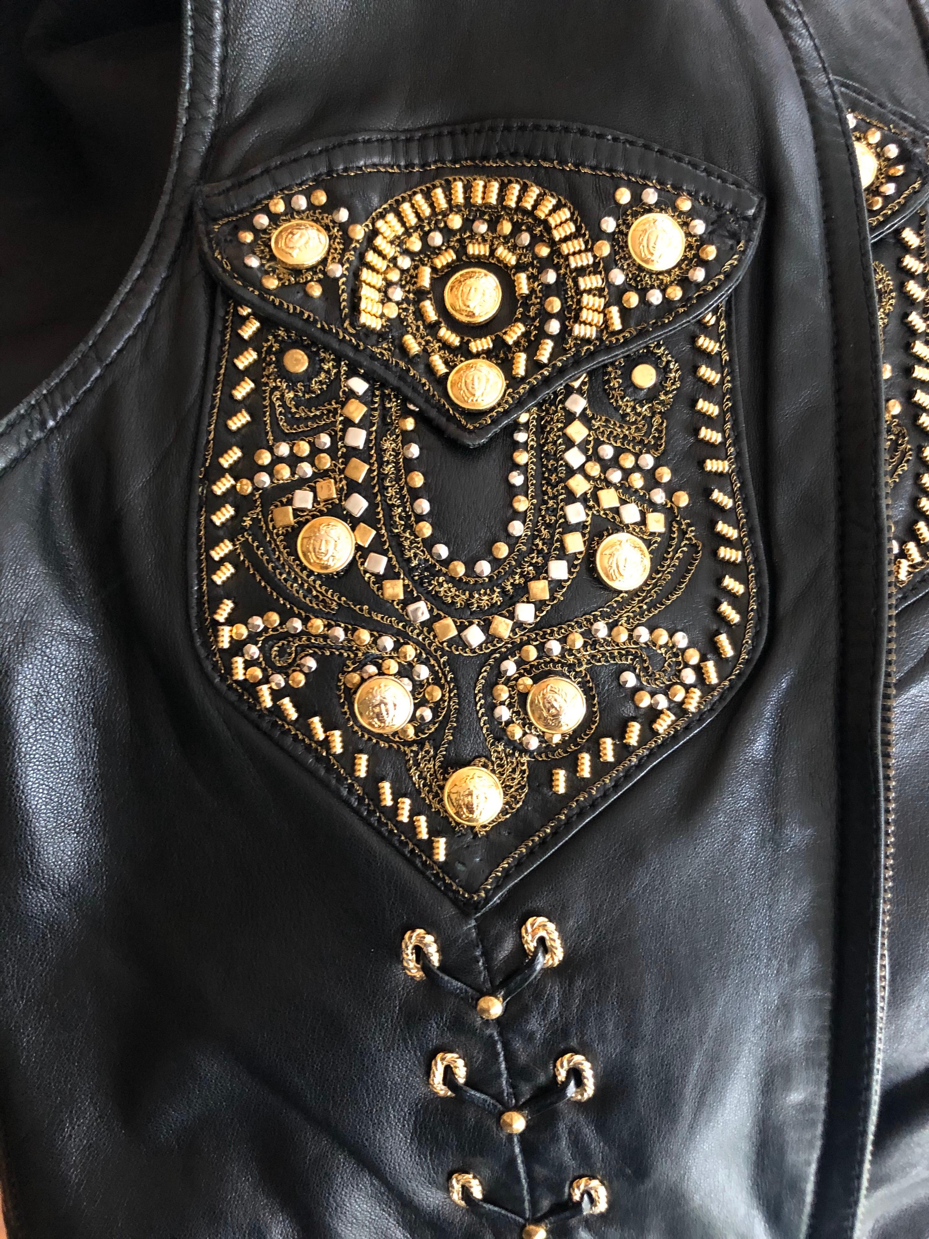 Women's Gianni Versace F/W 1992 Vintage Embellished Black Leather Vest Top