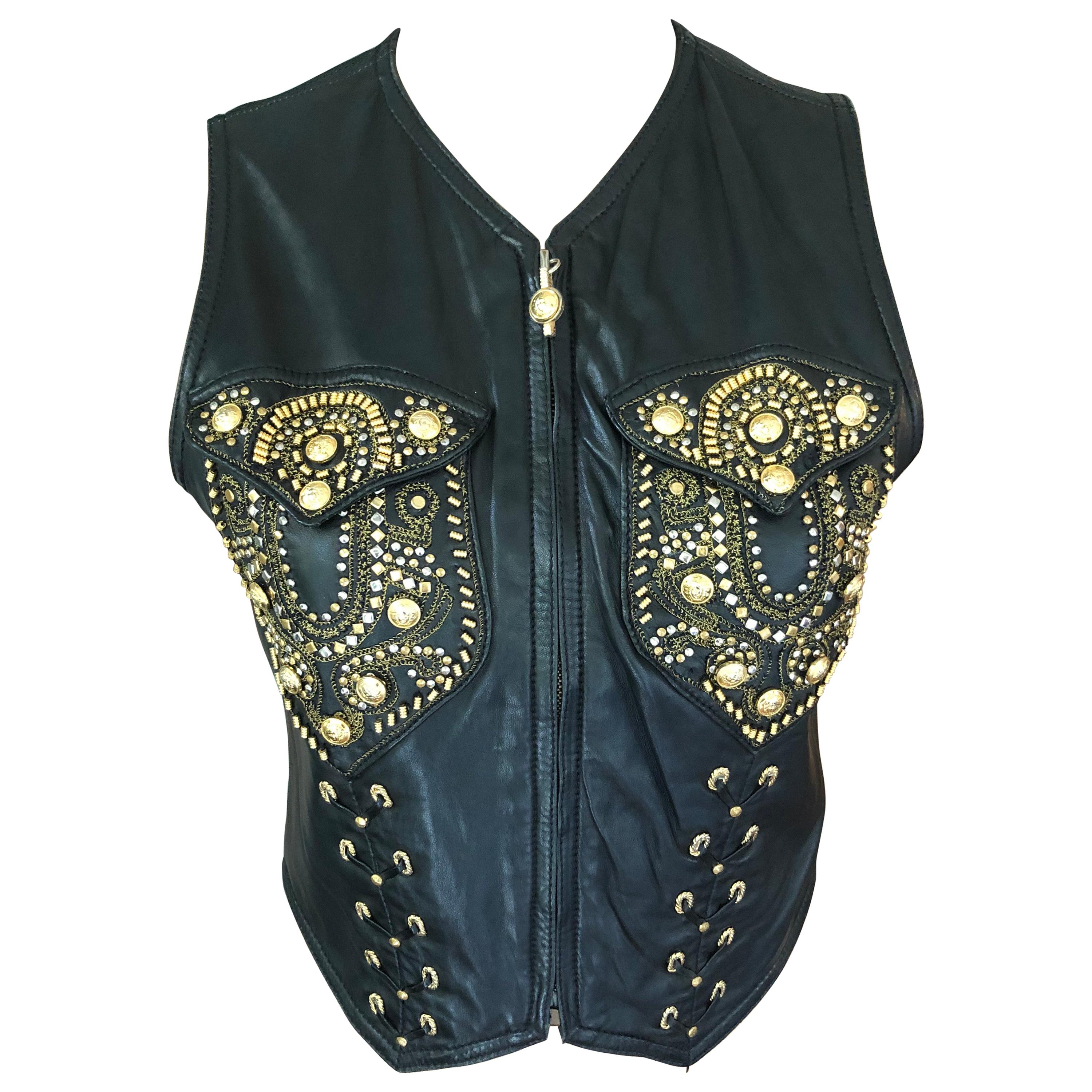 Gianni Versace F/W 1992 Vintage Embellished Black Leather Vest Top at  1stDibs | versace vest, versace leather vest, vintage versace vest
