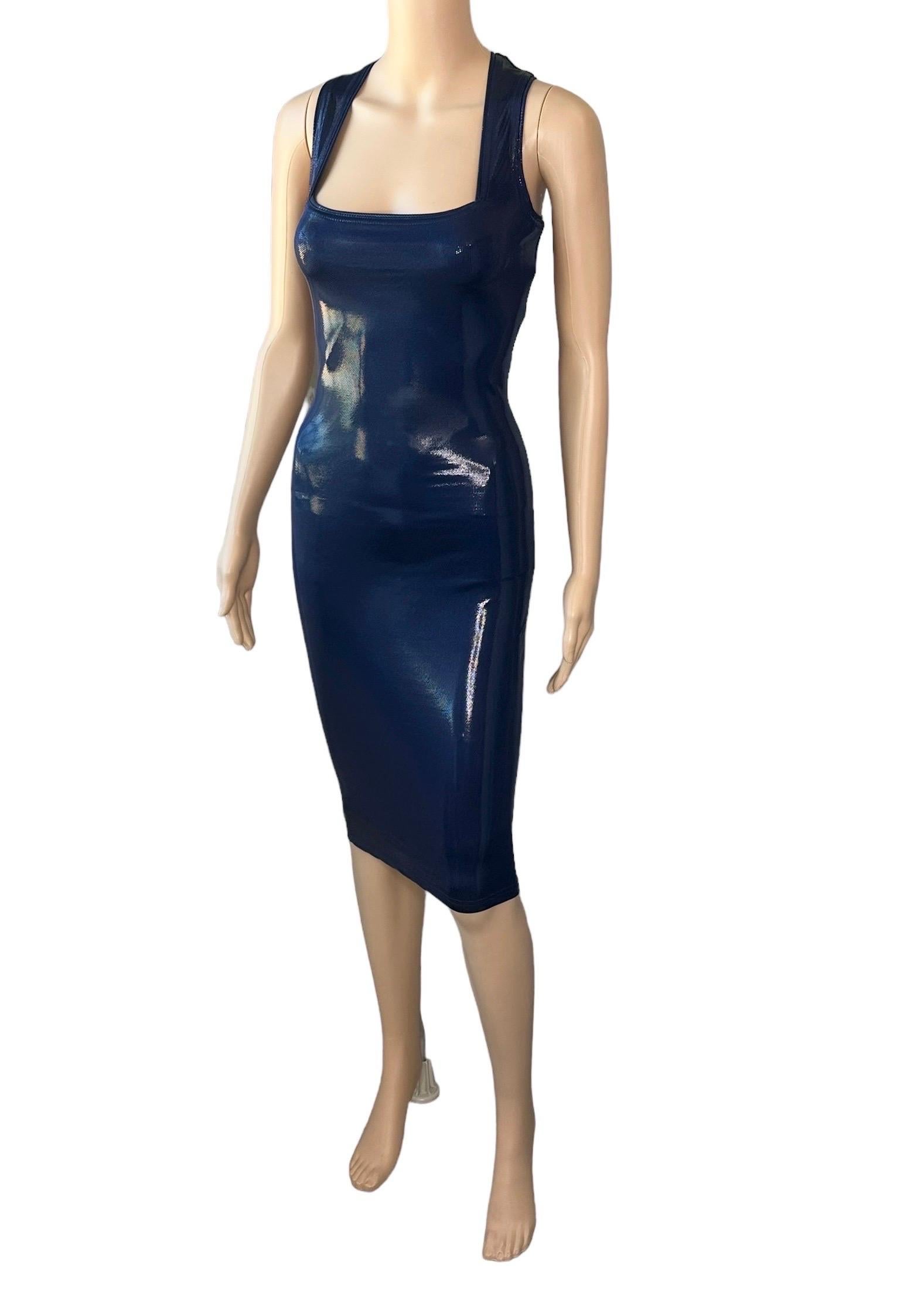 Gianni Versace c. 1994 Vintage Wet Look Stretch Bodycon Navy Blue Midi Dress 6