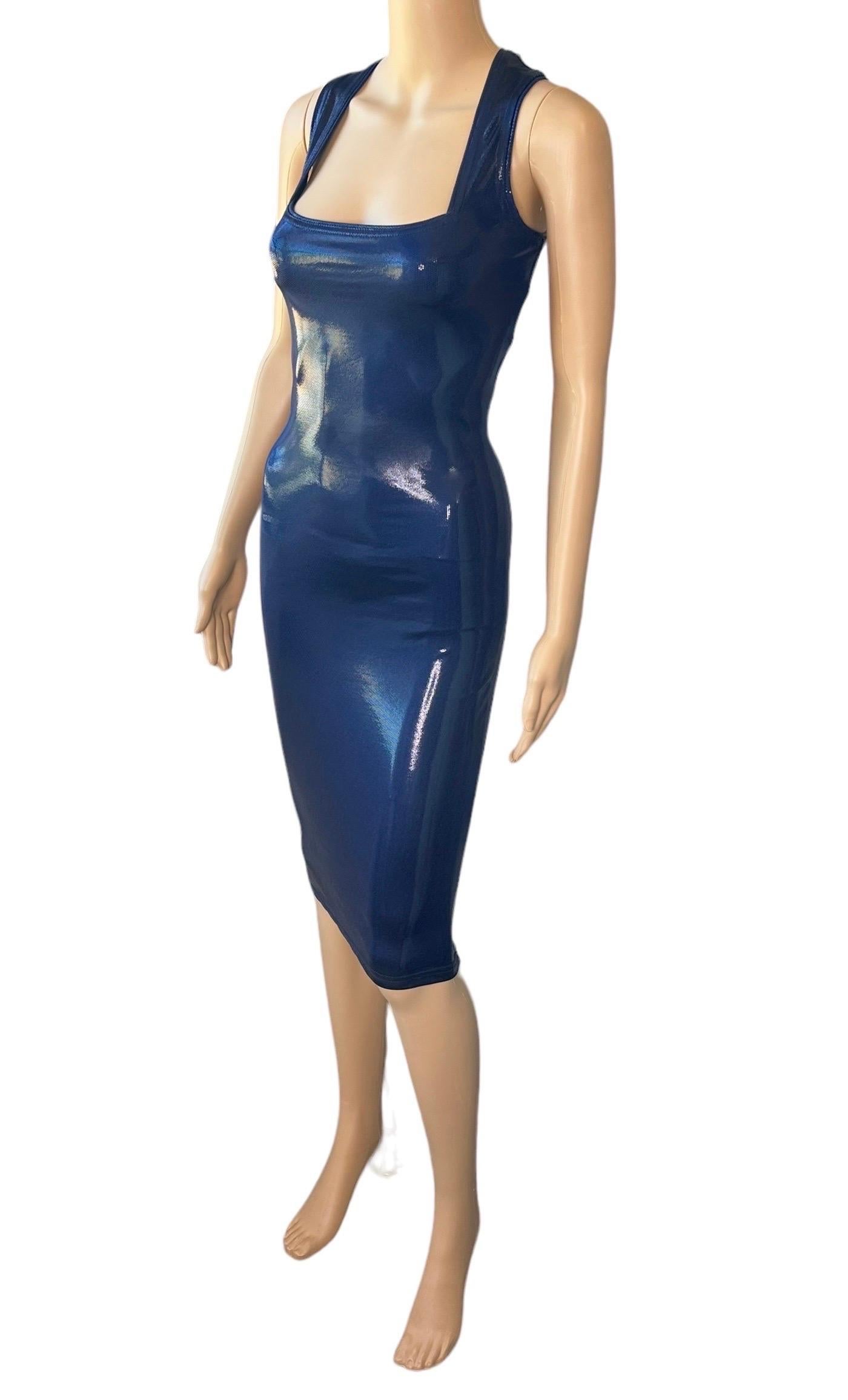 Gianni Versace c. 1994 Vintage Wet Look Stretch Bodycon Navy Blue Midi Dress 7