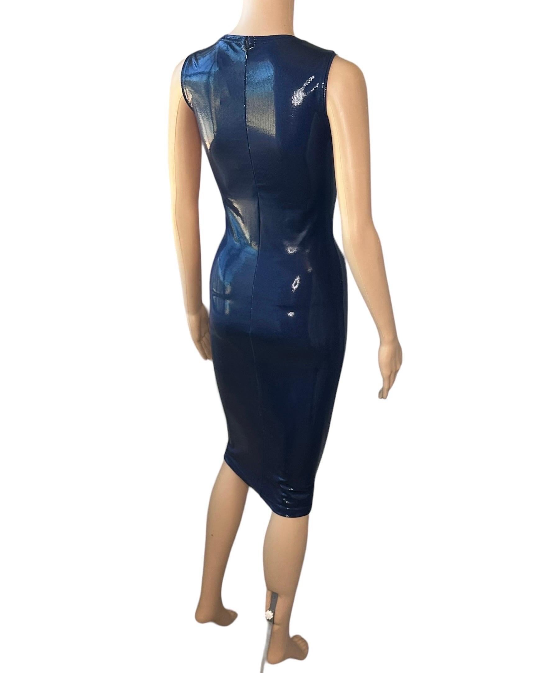 Gianni Versace c. 1994 Vintage Wet Look Stretch Bodycon Navy Blue Midi Dress 10