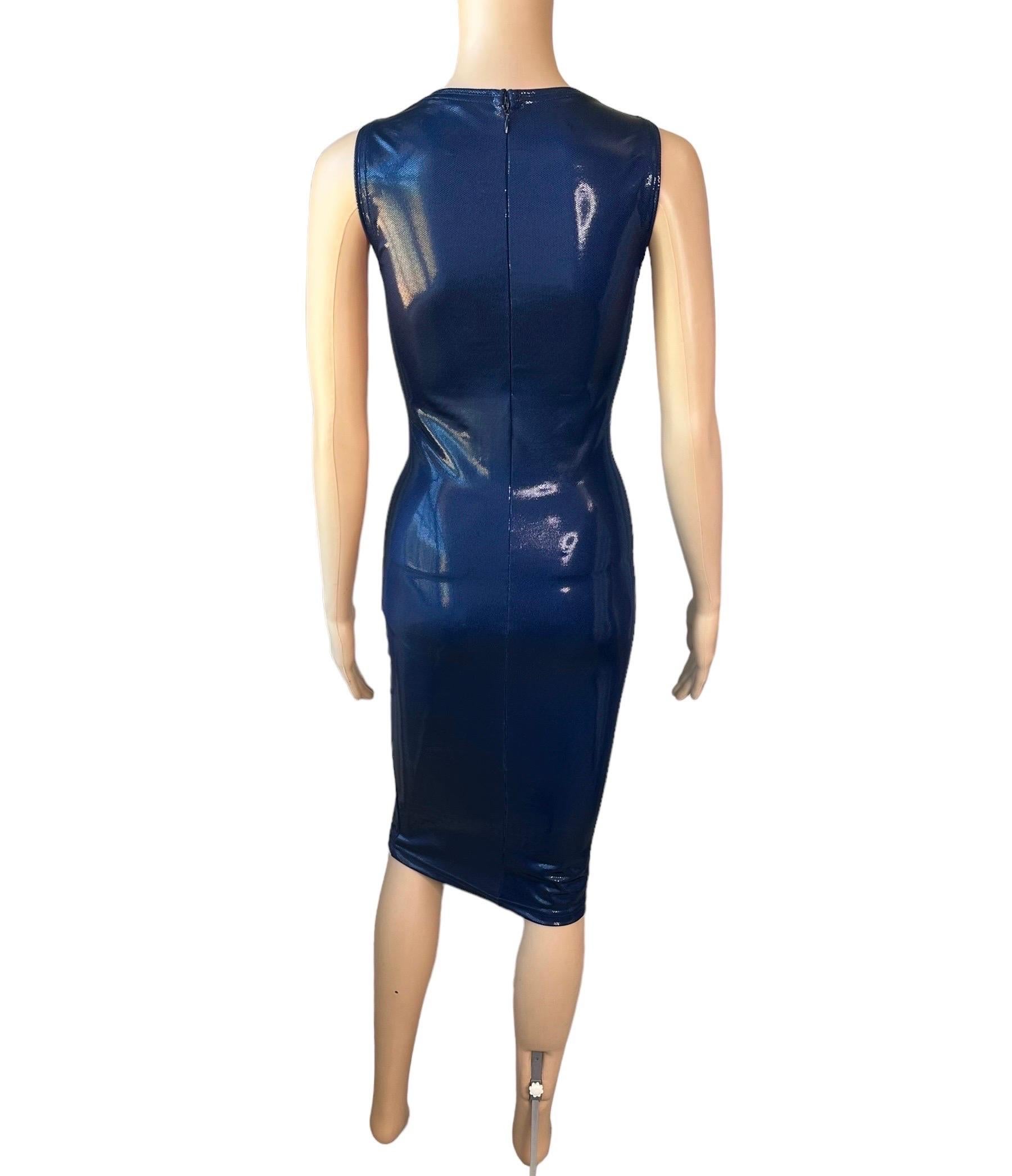 Gianni Versace c. 1994 Vintage Wet Look Stretch Bodycon Navy Blue Midi Dress 11