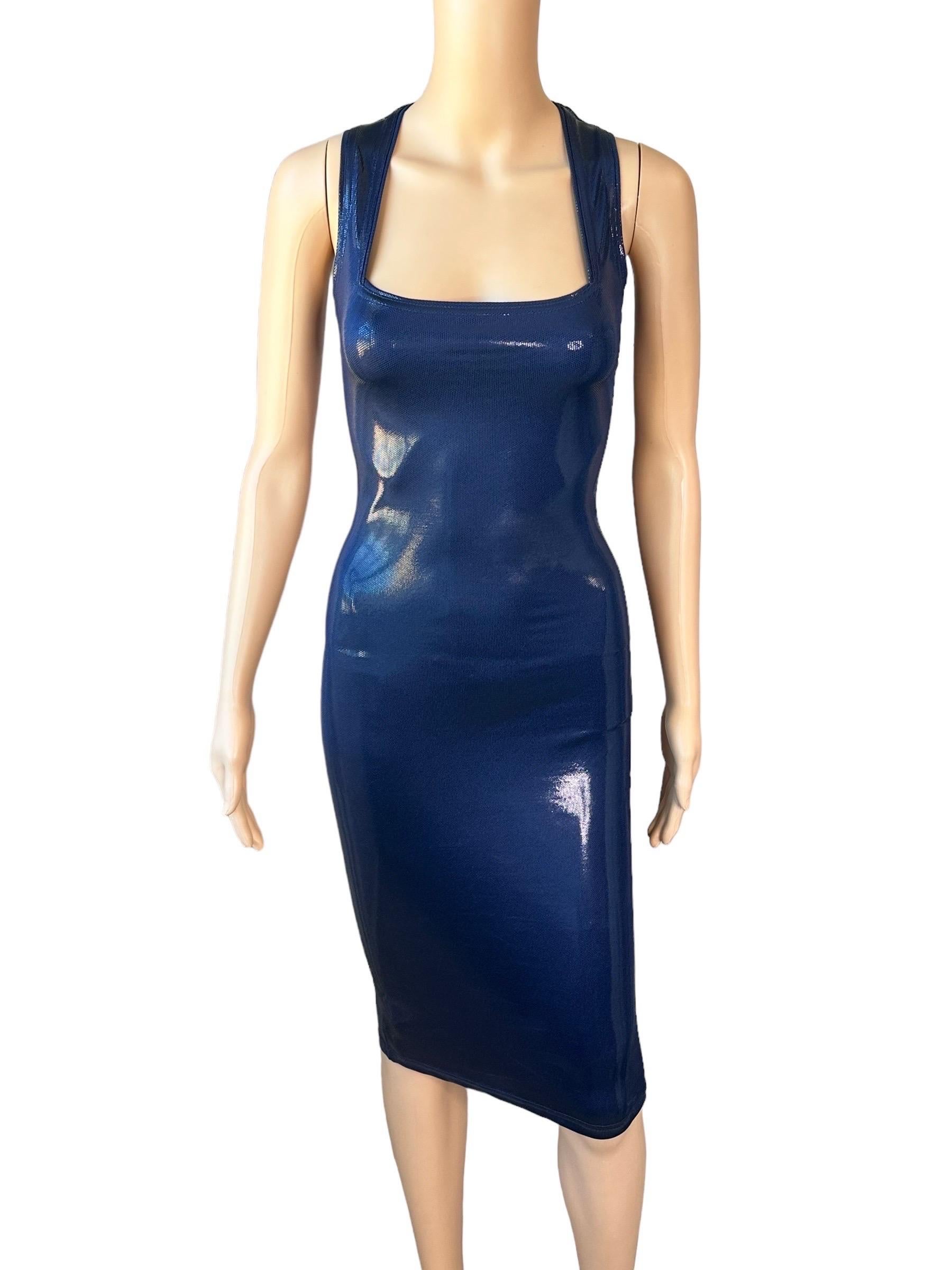 Gianni Versace c. 1994 Vintage Wet Look Stretch Bodycon Navy Blue Midi Dress IT 42