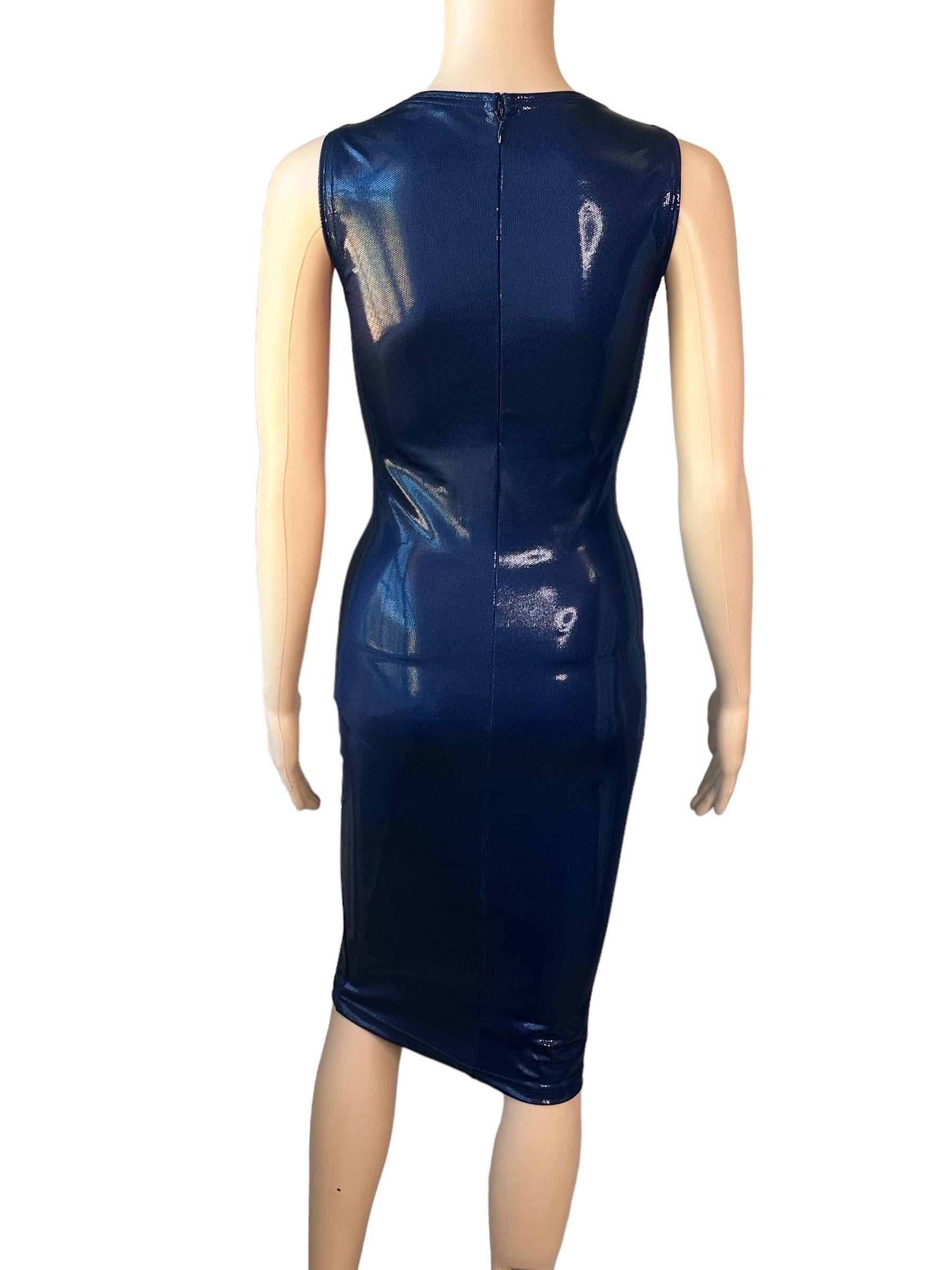 Gianni Versace c. 1994 Vintage Wet Look Stretch Bodycon Navy Blue Midi Dress In Good Condition In Naples, FL