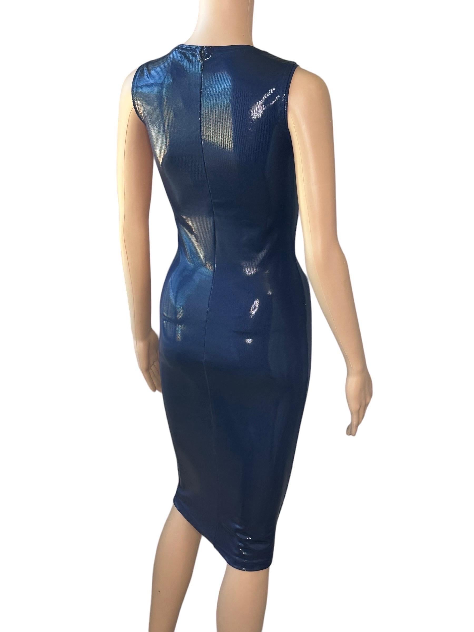 Gianni Versace c. 1994 Vintage Wet Look Stretch Bodycon Navy Blue Midi Dress 1