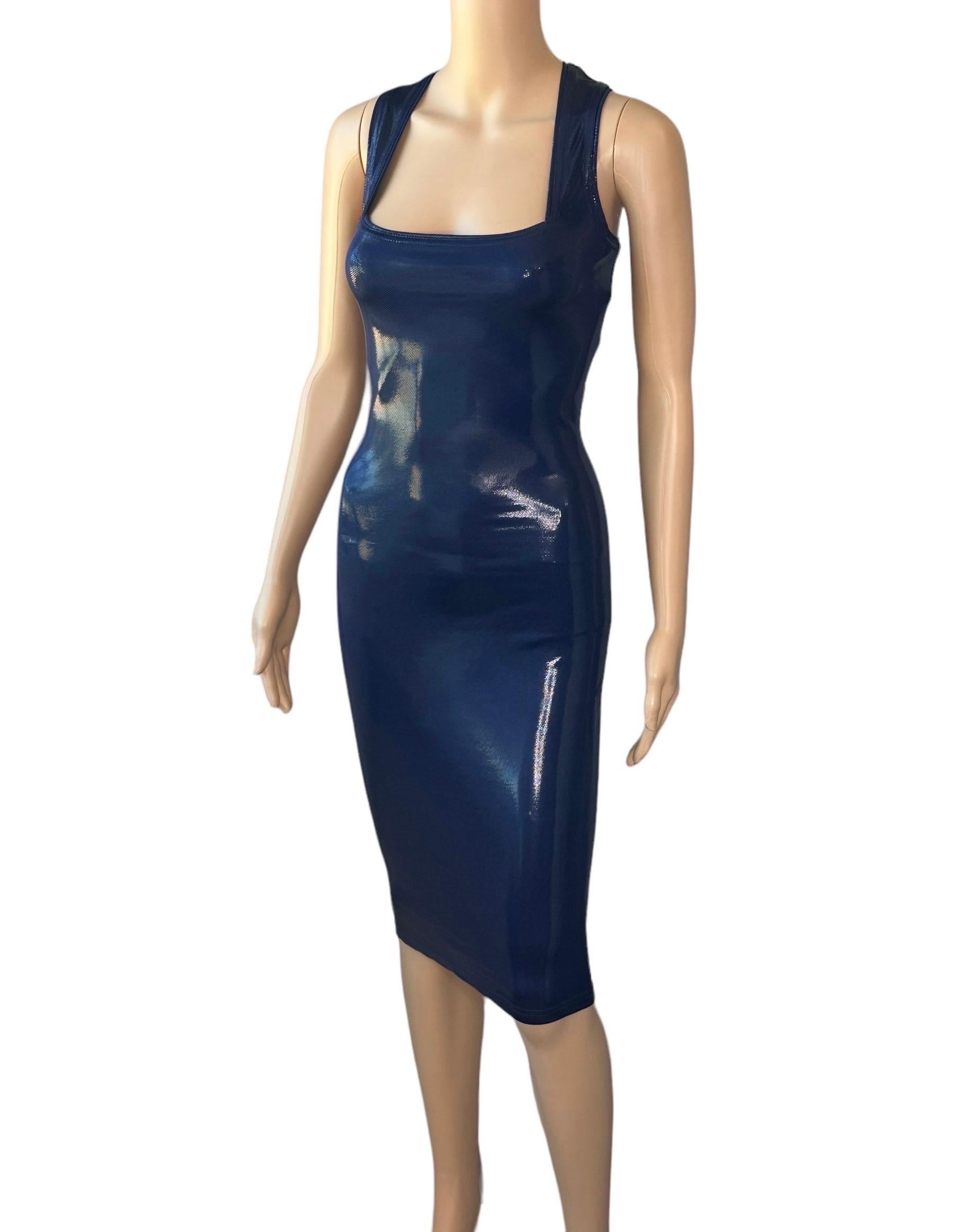 Gianni Versace c. 1994 Vintage Wet Look Stretch Bodycon Navy Blue Midi Dress 2