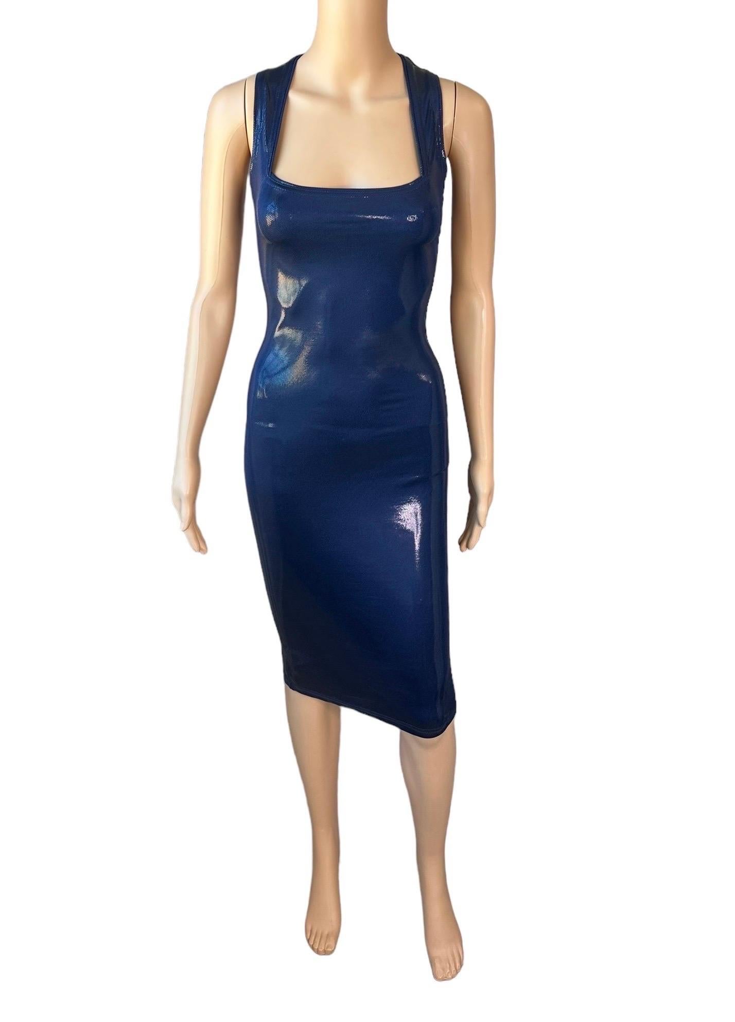 Gianni Versace c. 1994 Vintage Wet Look Stretch Bodycon Navy Blue Midi Dress 3