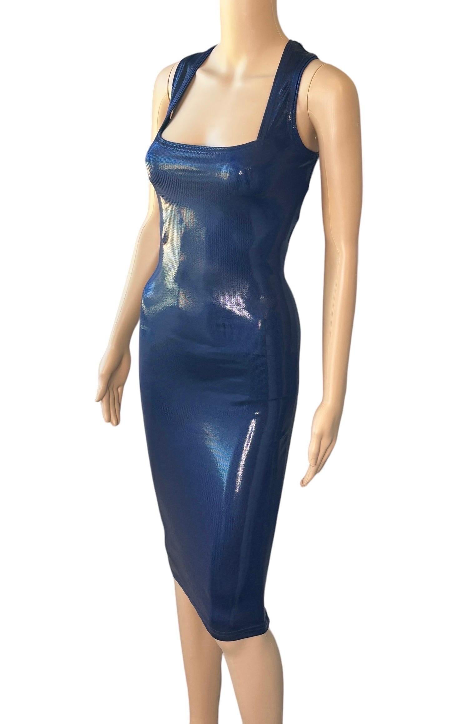 Gianni Versace c. 1994 Vintage Wet Look Stretch Bodycon Navy Blue Midi Dress 4