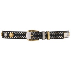 GIANNI VERSACE c.1990 Black Leather Gorgon Medusa Medallion Studded Waist Belt