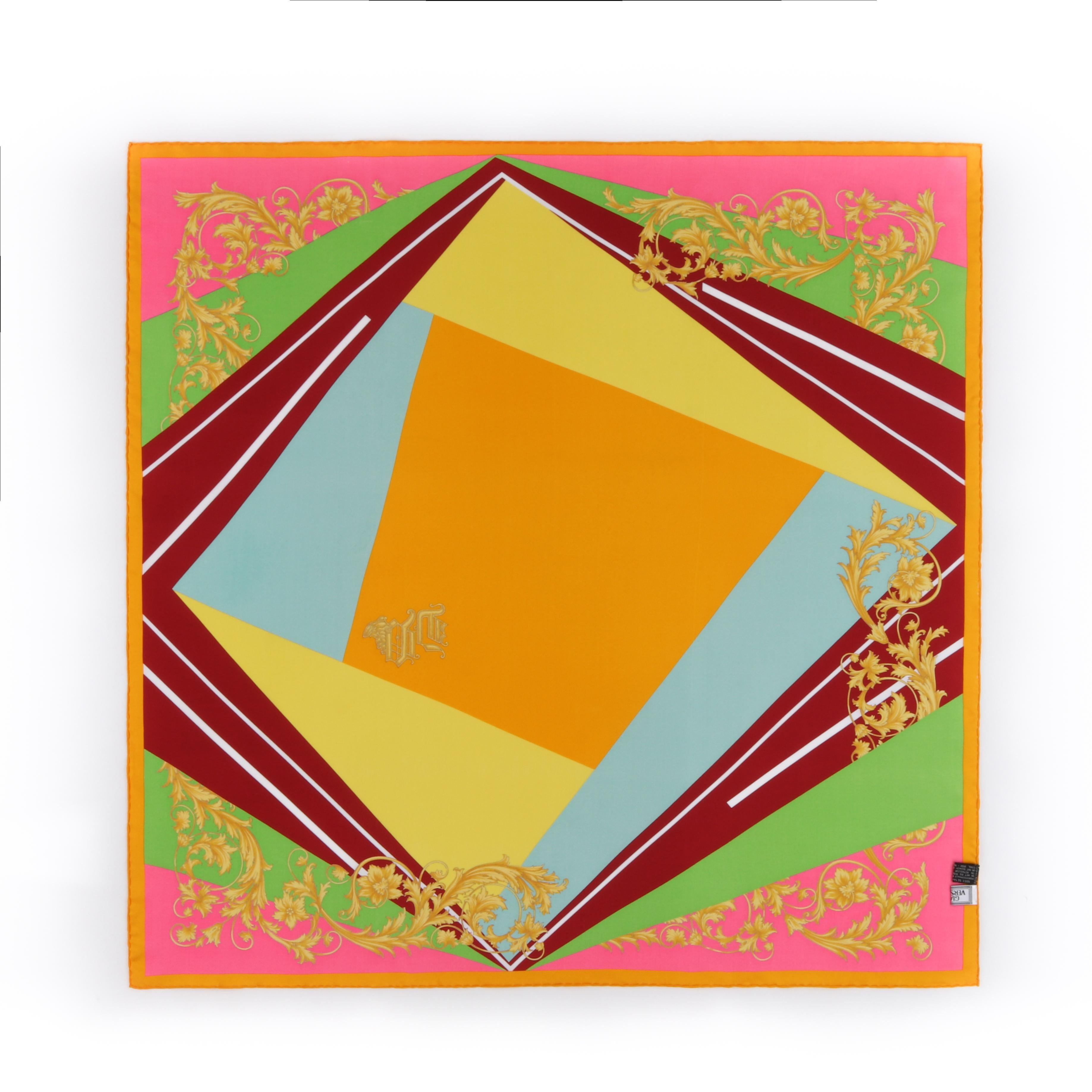 GIANNI VERSACE c.1990s Abstract Op Art Color Block DV Initials Silk Square Scarf
 
Circa: 1990’s 
Brand / Manufacturer: Gianni Versace
Designer: Donatella Versace
Style: Square scarf
Color(s): Bright orange, yellow, red, green, blue, pink
Marked
