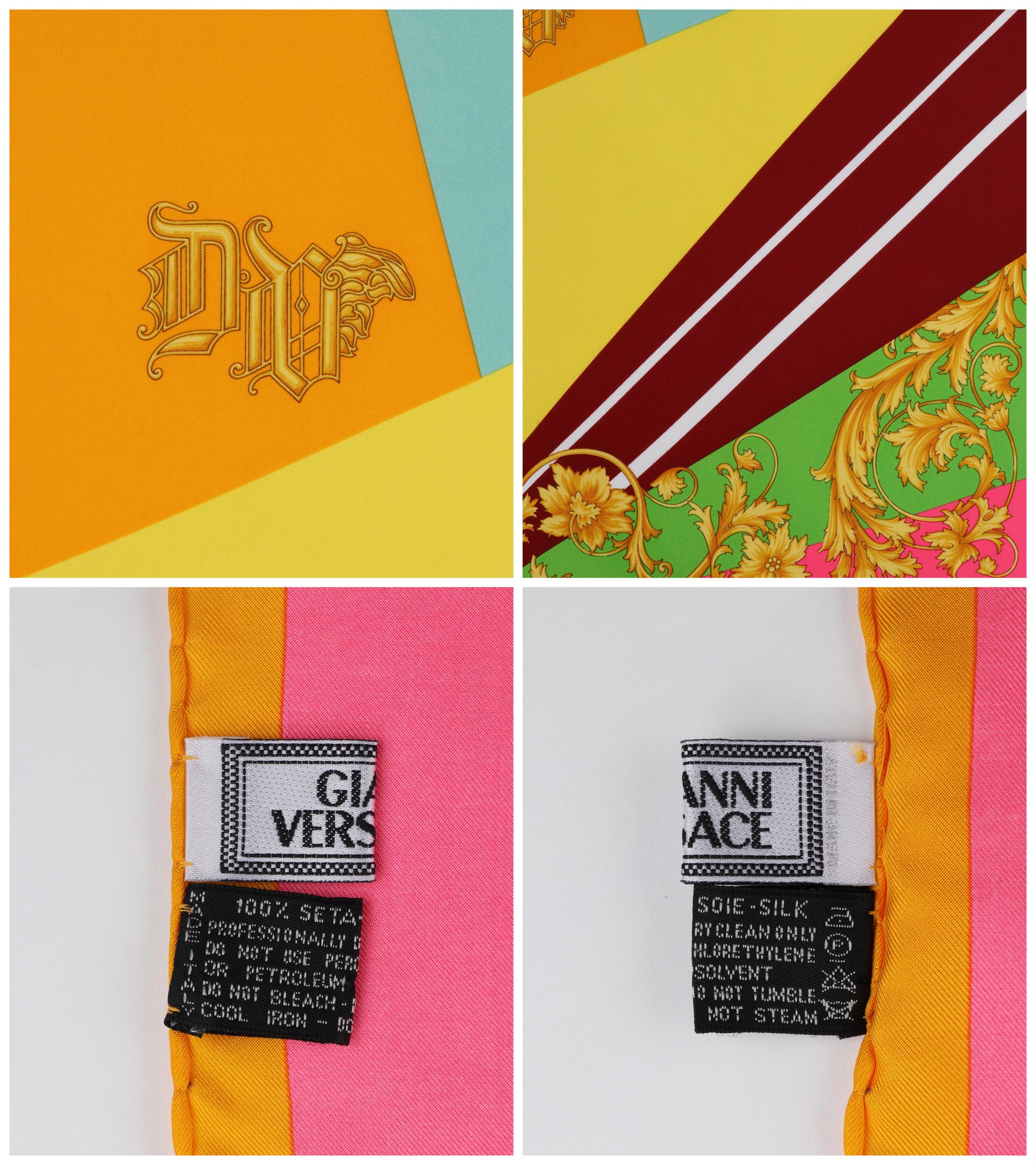 Orange GIANNI VERSACE c.1990s Abstract Op Art Color Block DV Initials Silk Square Scarf For Sale