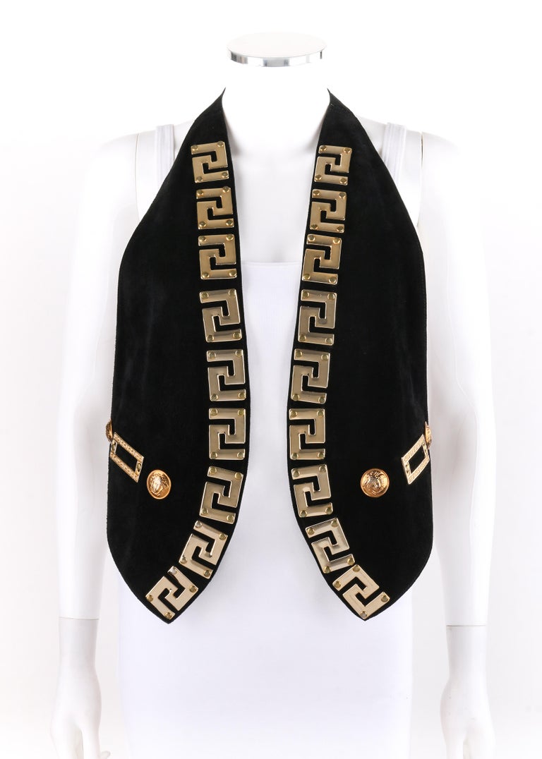 GIANNI VERSACE c.1990s Black Gold Suede Medusa Meandros Backless Vest at  1stDibs | versace vest, black and gold vest, vest versace