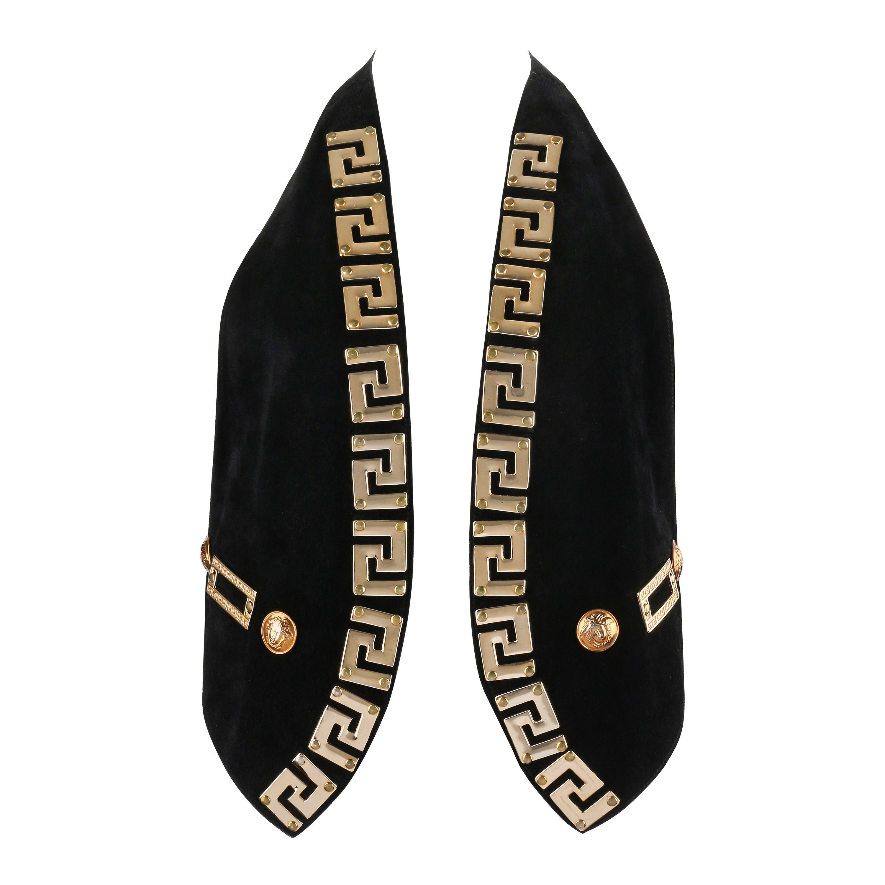 GIANNI VERSACE c.1990s Black Gold Suede Medusa Meandros Backless Vest