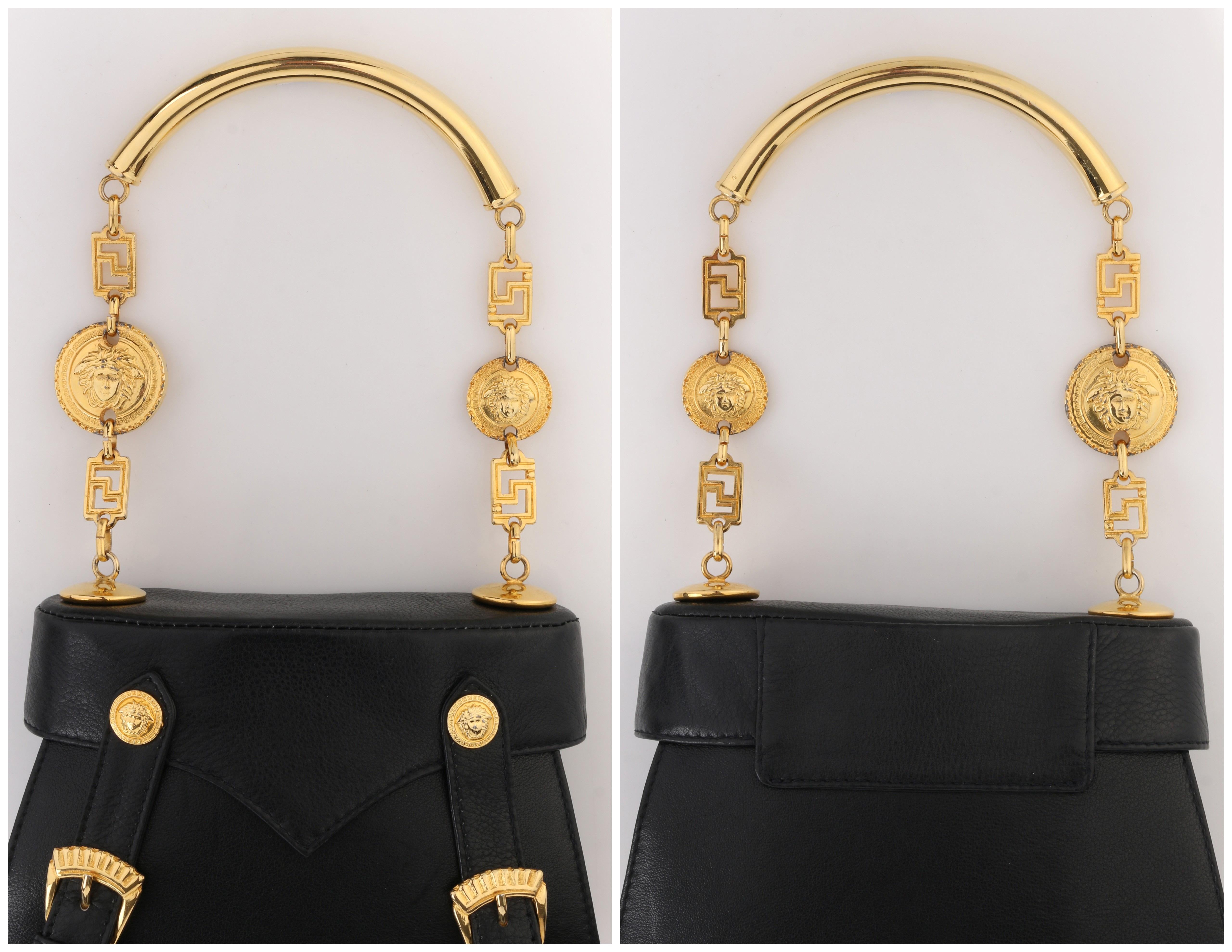 GIANNI VERSACE c.1990's Black Leather Gold Medusa Mini Buckle Handbag Purse For Sale 5