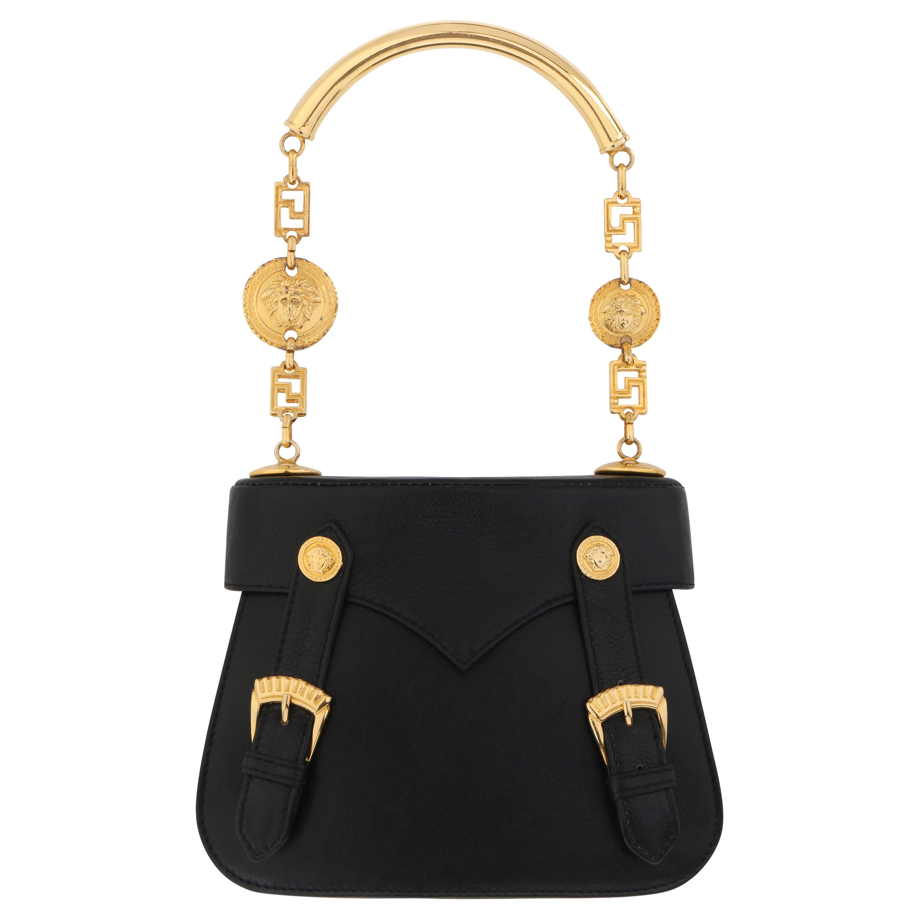 GIANNI VERSACE c.1990's Black Leather Gold Medusa Mini Buckle Handbag Purse For Sale