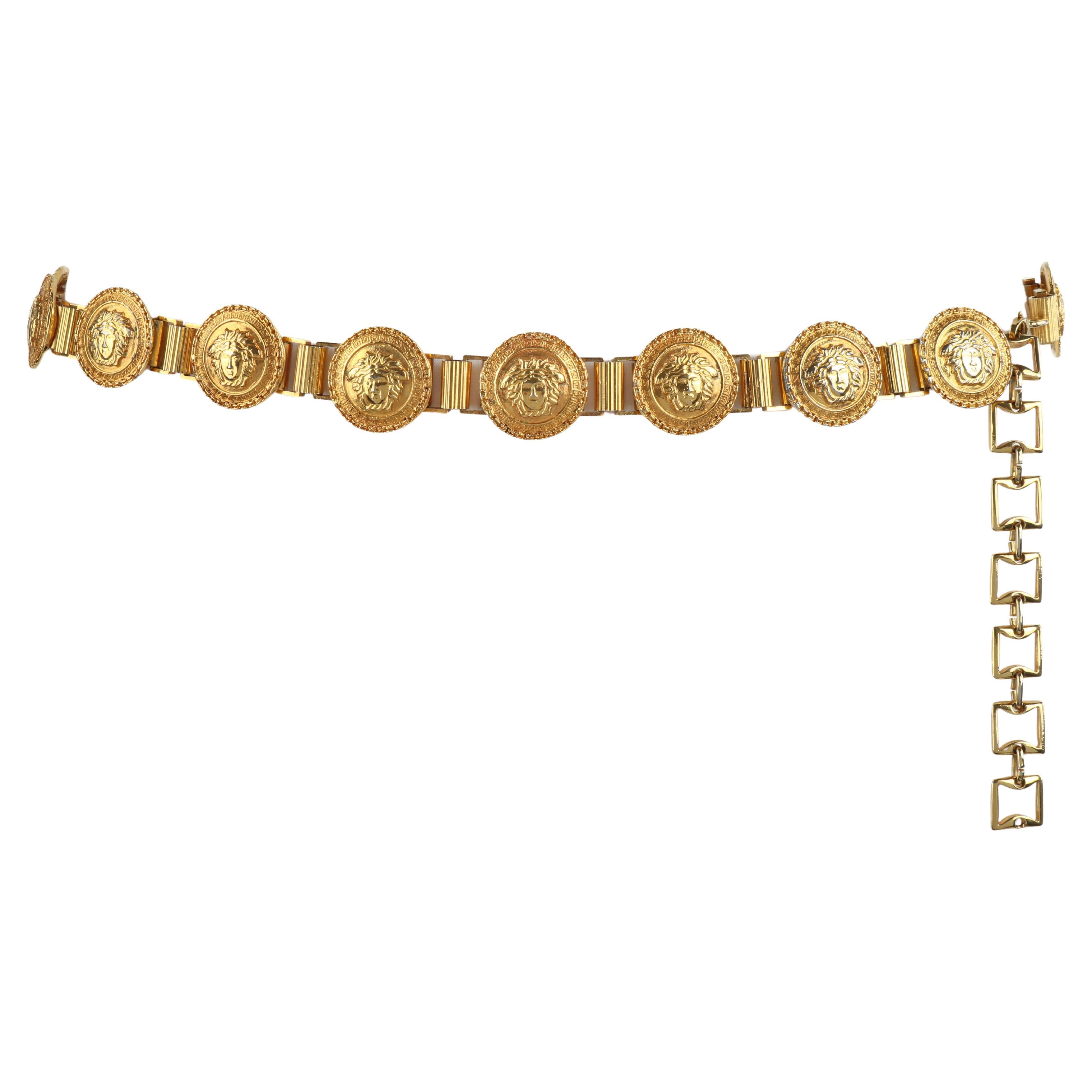 GIANNI VERSACE c.1990's Gold Metal Medusa Emblem Chain Coin Link Clasp Belt For Sale