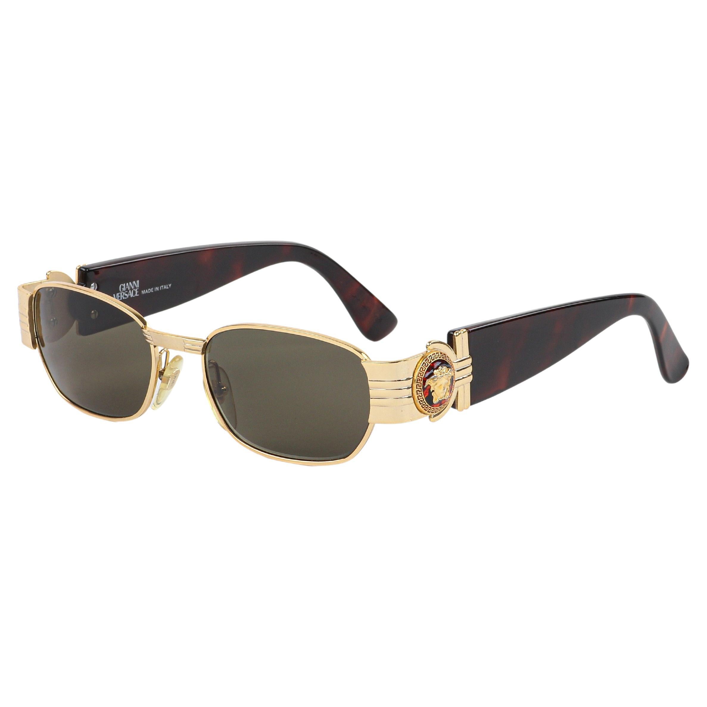 GIANNI VERSACE c.1990s Gold Tortoiseshell Medusa Emblem Oval Shaped Sunglasses For Sale