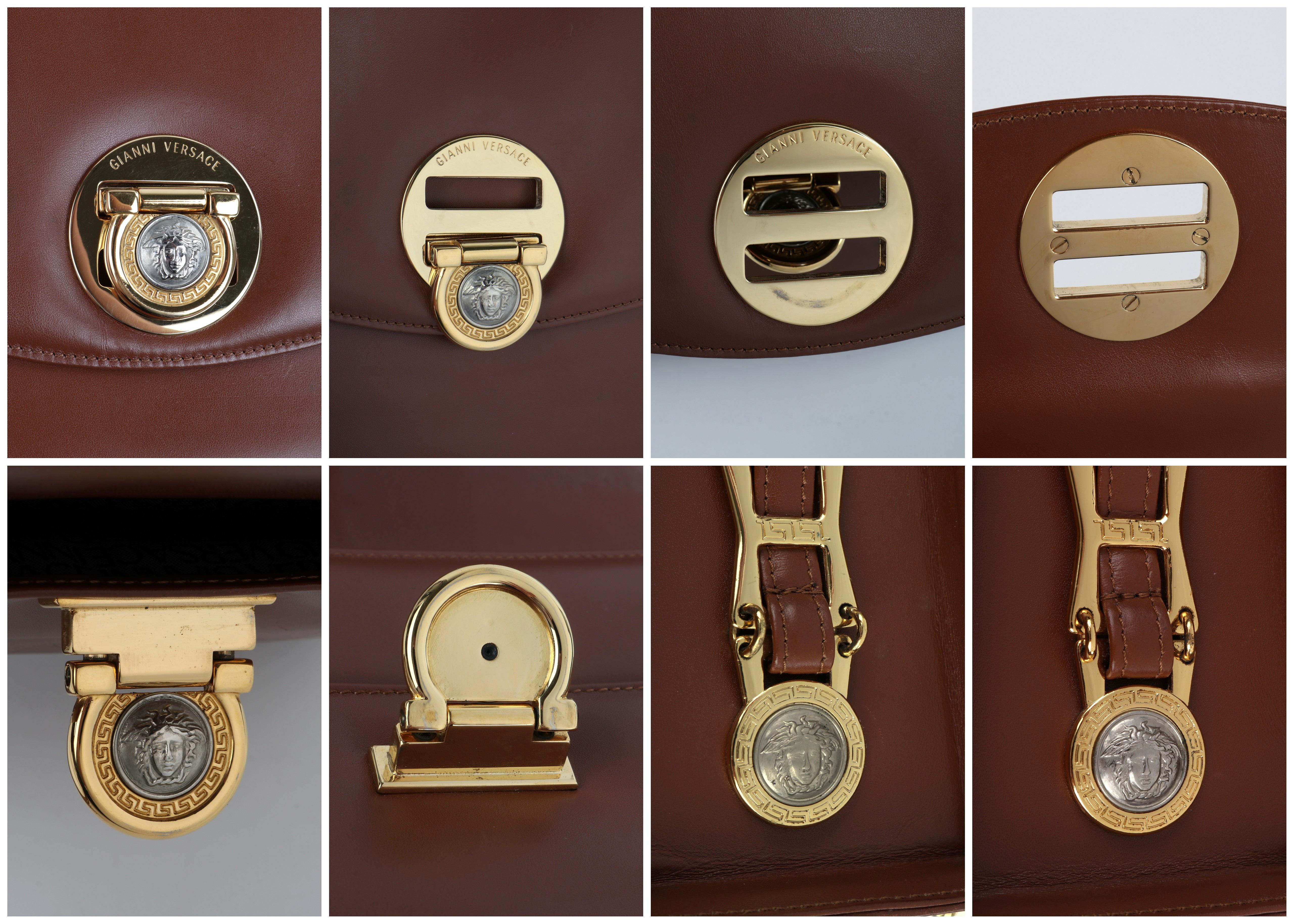 GIANNI VERSACE c.1993 Brown Leather Medusa Emblem Coin Lock Shoulder Bag Purse For Sale 11