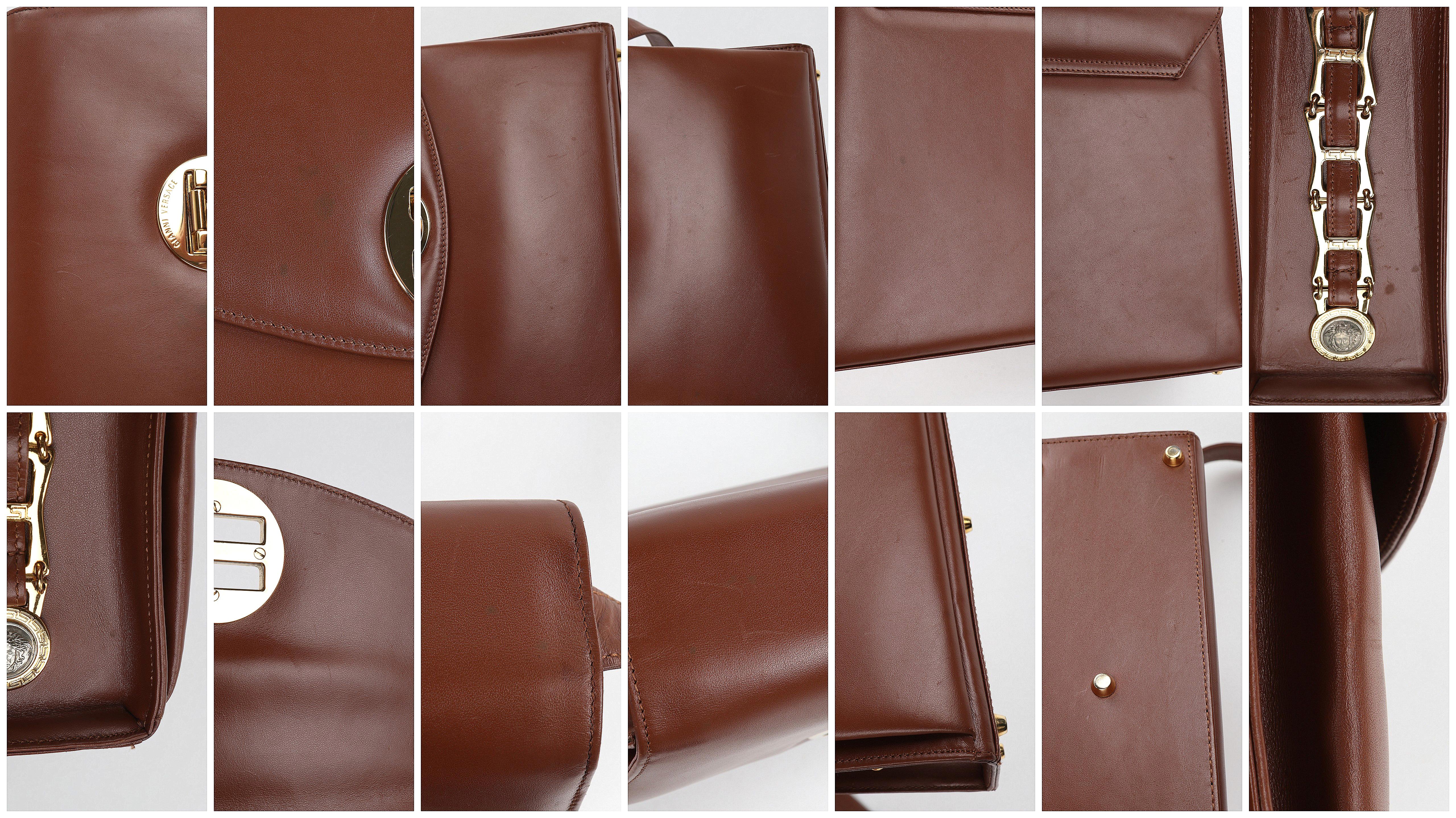 GIANNI VERSACE c.1993 Brown Leather Medusa Emblem Coin Lock Shoulder Bag Purse For Sale 12