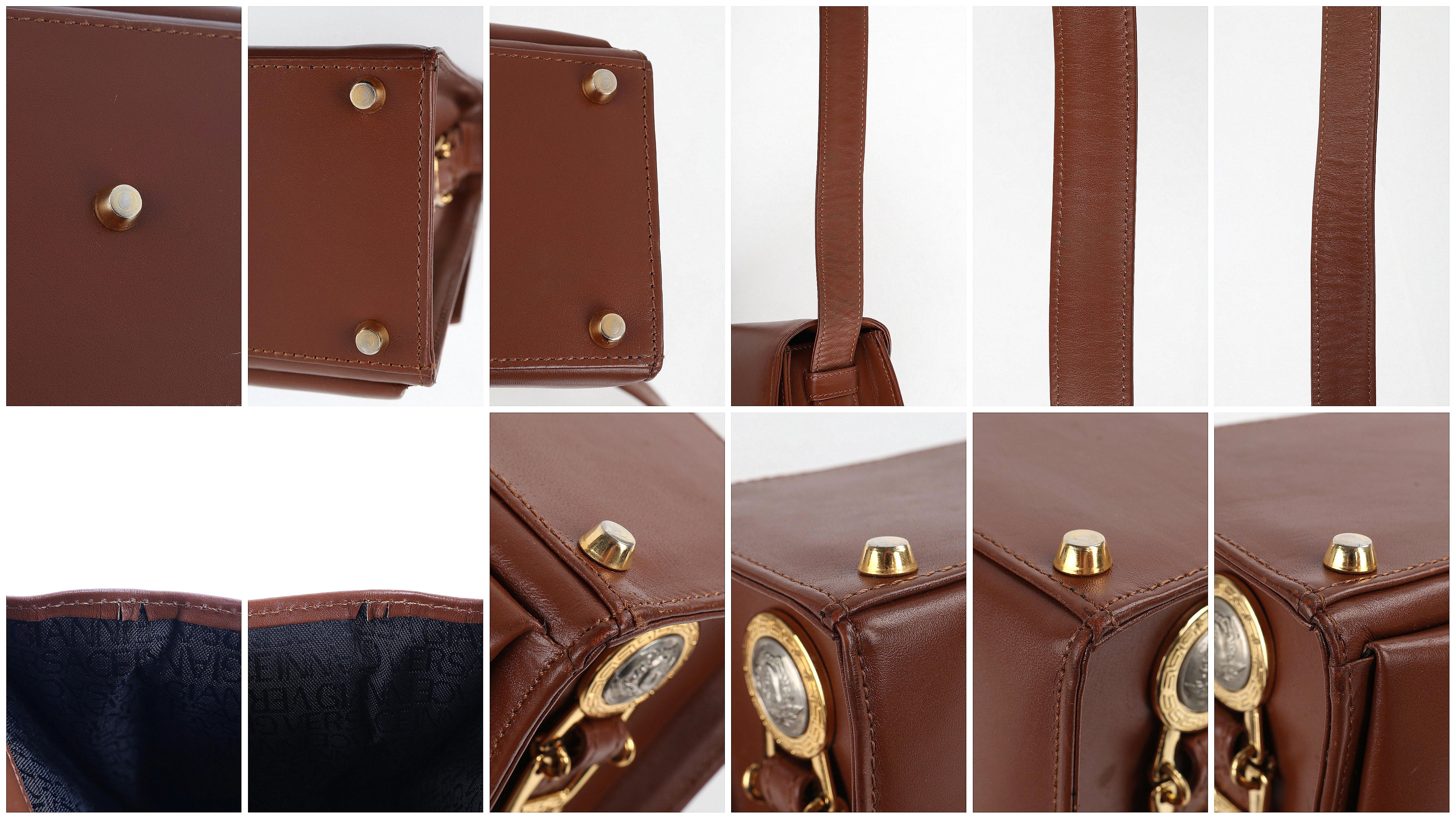 GIANNI VERSACE c.1993 Brown Leather Medusa Emblem Coin Lock Shoulder Bag Purse For Sale 13