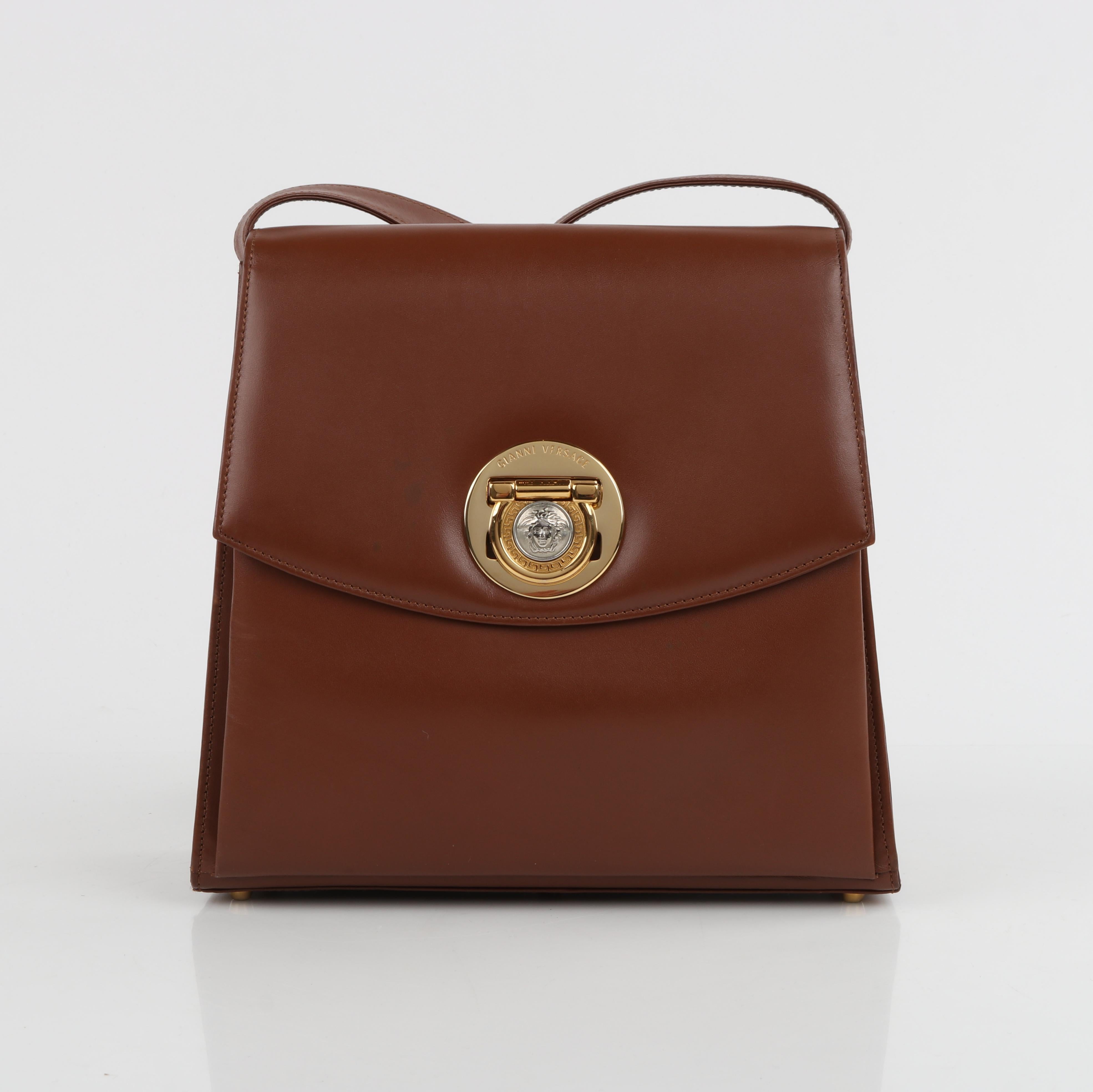 GIANNI VERSACE c.1993 Brown Leather Medusa Emblem Coin Lock Shoulder Bag Purse For Sale 4