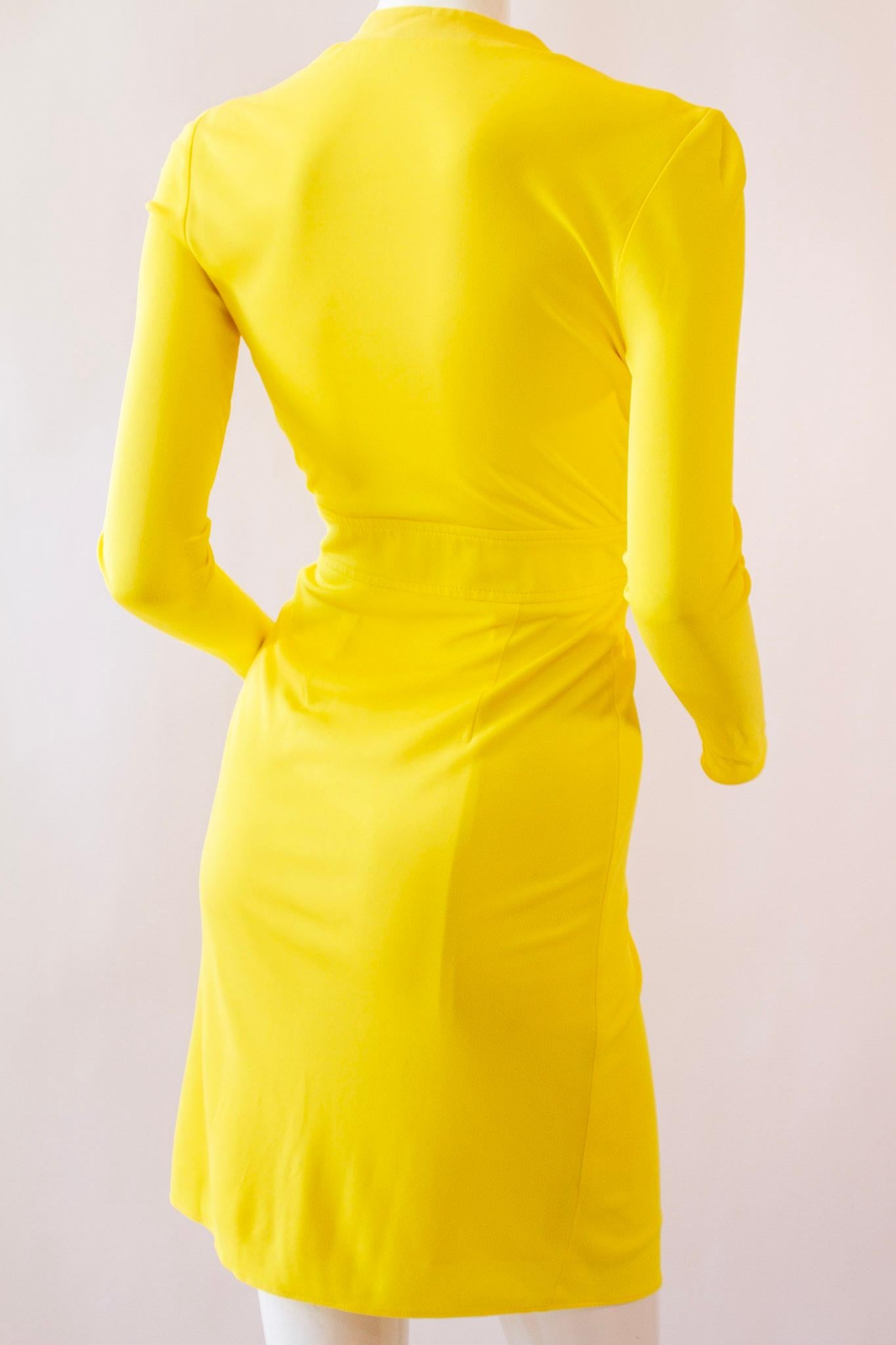 Women's GIANNI VERSACE, Canary Yellow Mid-Length Wrap Dress with Iconic Medusa Fastener For Sale