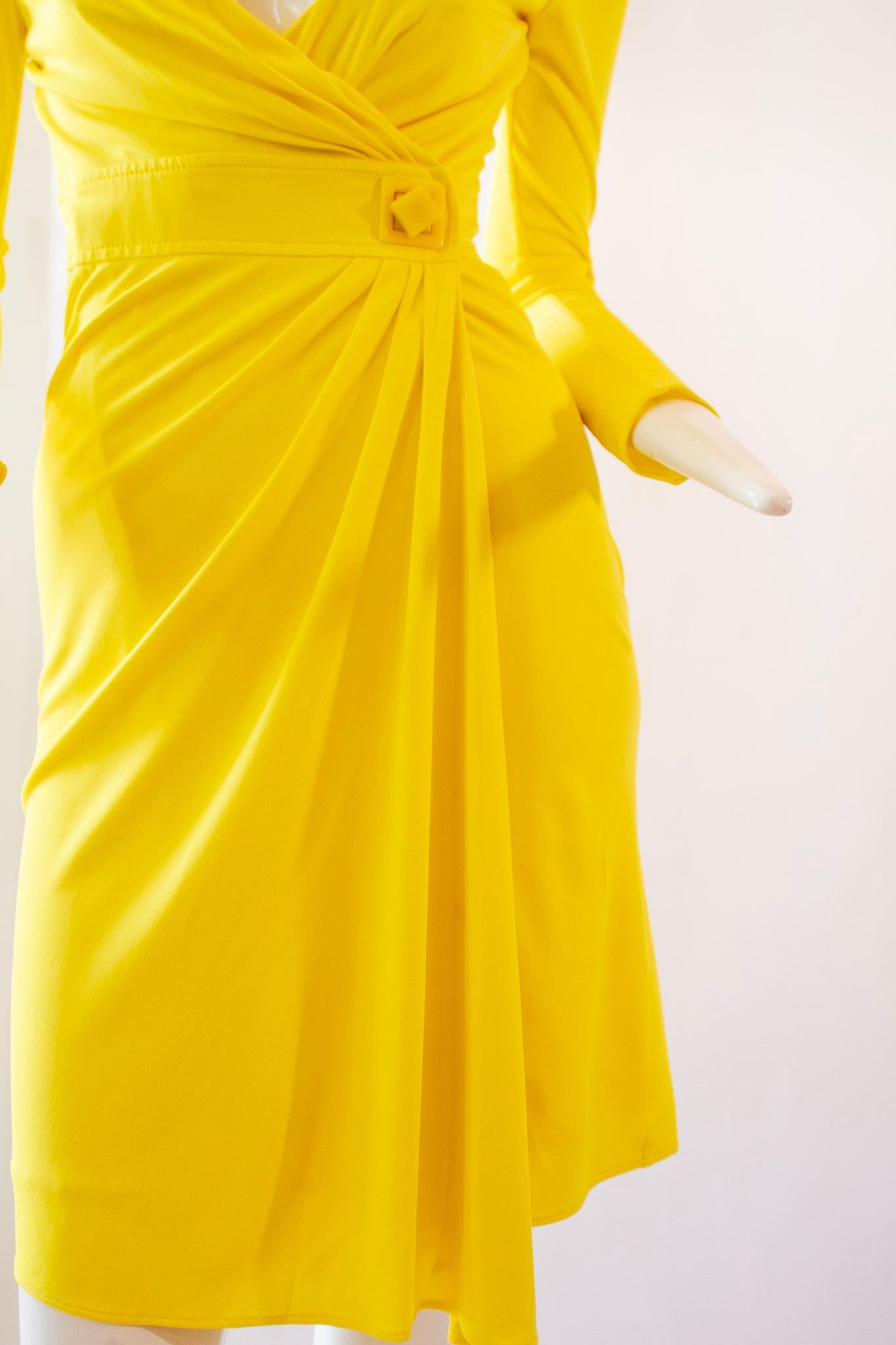 GIANNI VERSACE, Canary Yellow Mid-Length Wrap Dress with Iconic Medusa Fastener For Sale 2