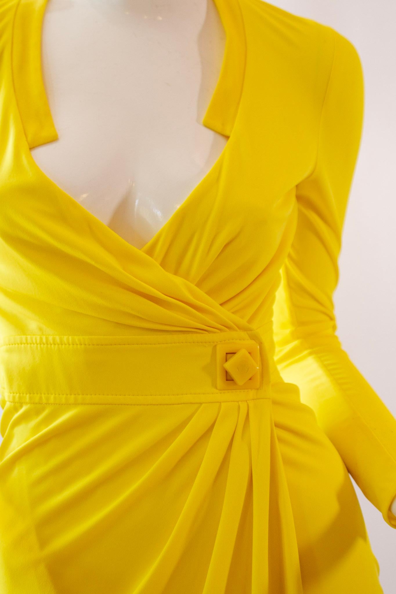 GIANNI VERSACE, Canary Yellow Mid-Length Wrap Dress with Iconic Medusa Fastener For Sale 3