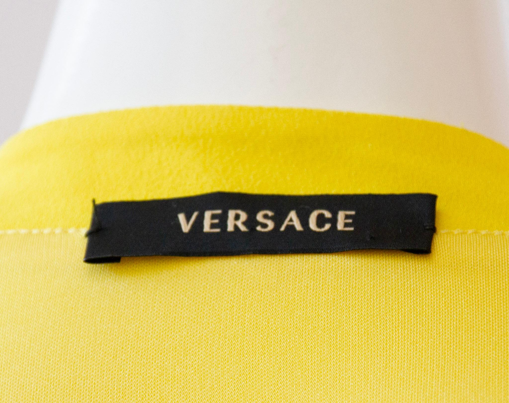 GIANNI VERSACE, Canary Yellow Mid-Length Wrap Dress with Iconic Medusa Fastener For Sale 4