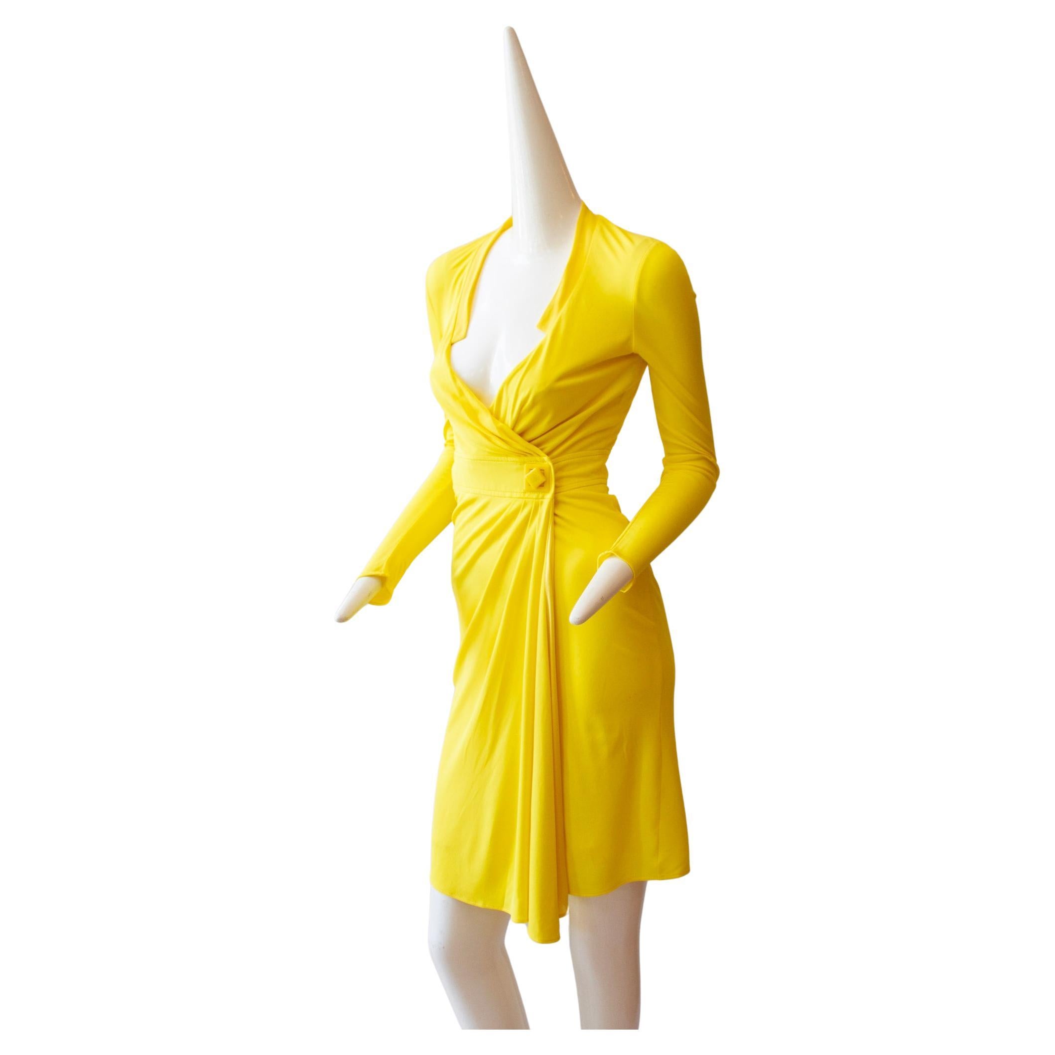 GIANNI VERSACE, Canary Yellow Mid-Length Wrap Dress with Iconic Medusa Fastener For Sale