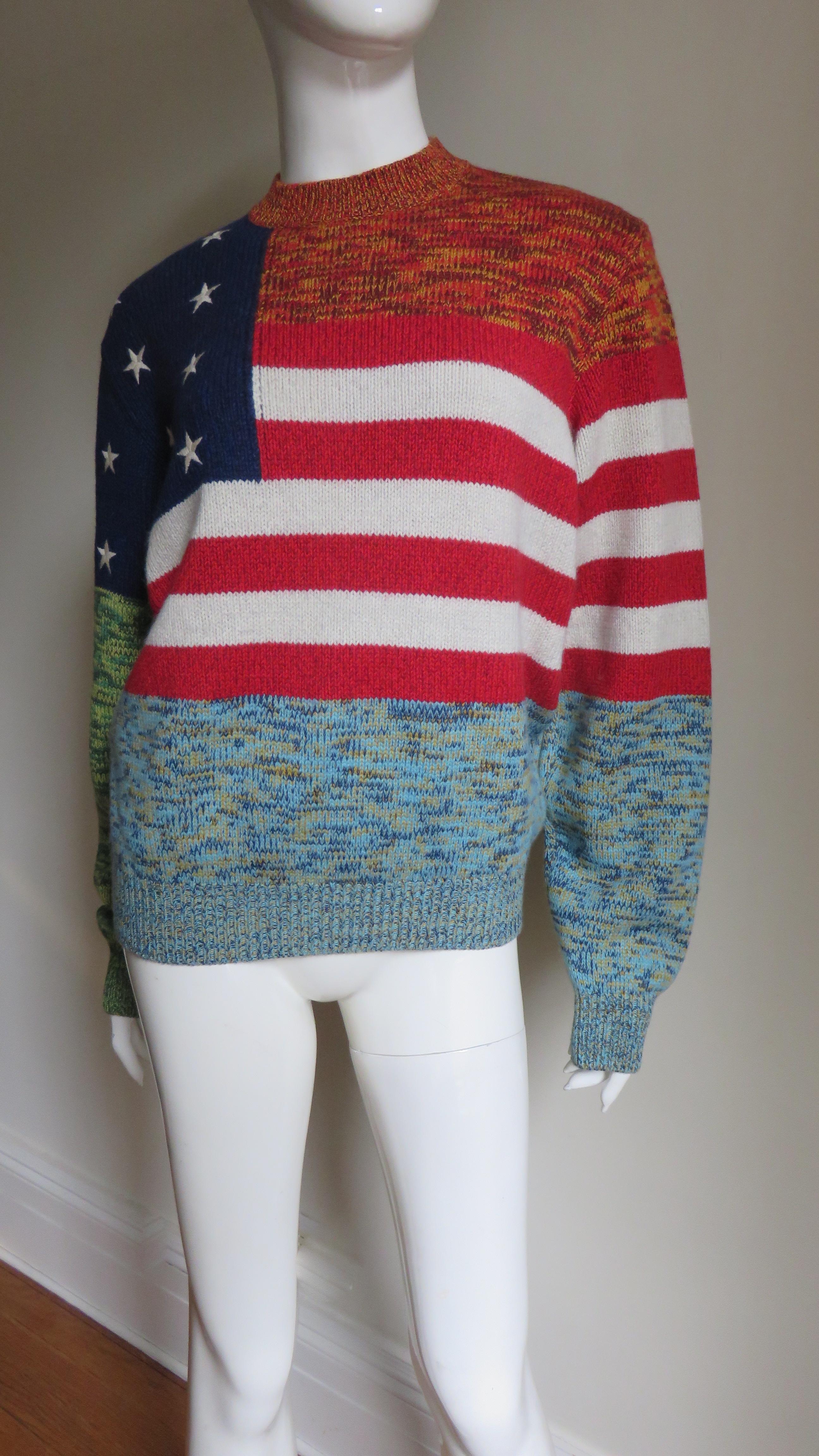 Gray Gianni Versace New Vintage Cashmere Colorblock American Flag Sweater For Sale