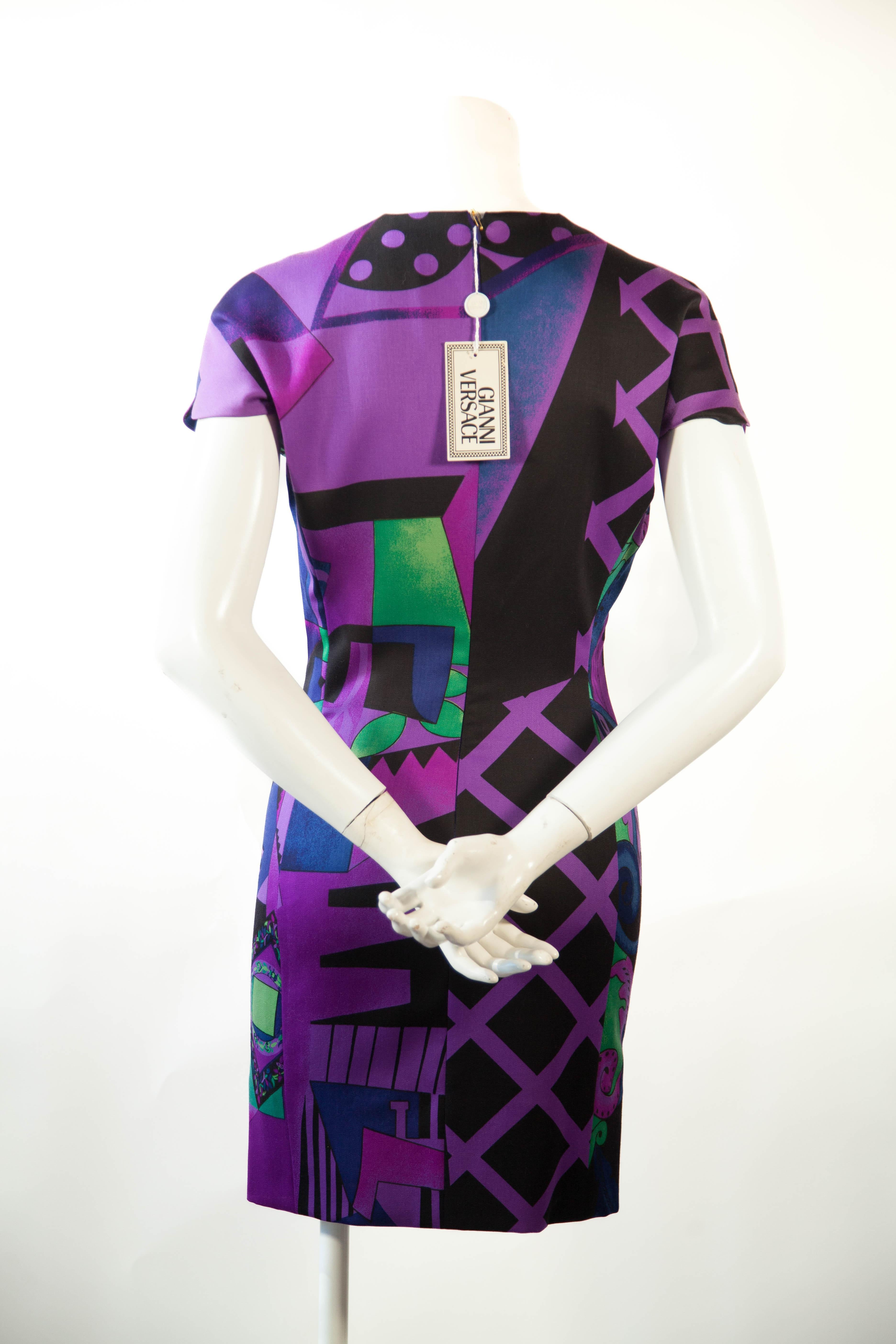 Women's Gianni Versace, Wool, Abstract Purple and Green Midi Dress, 1990s For Sale