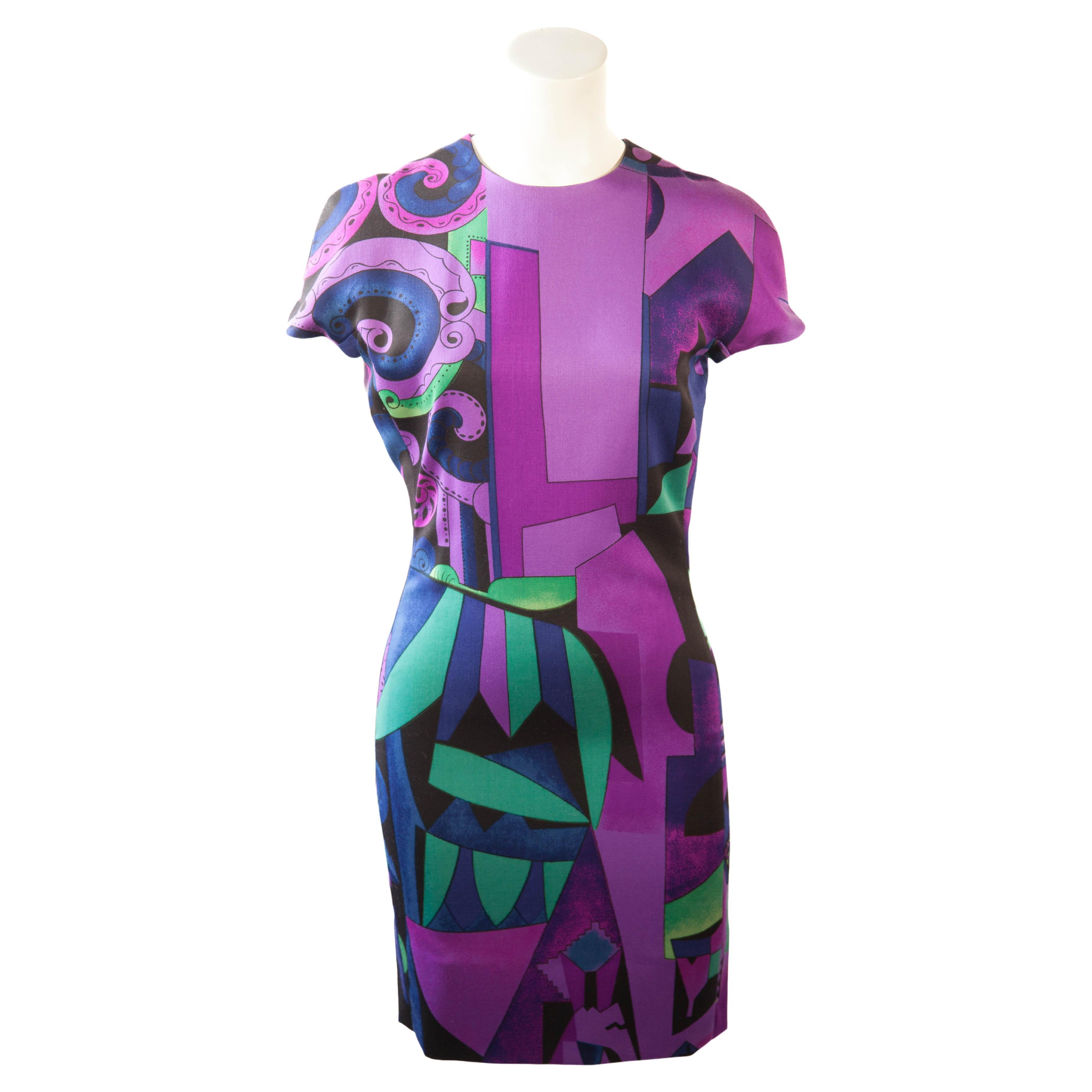 Gianni Versace, Wool, Abstract Purple and Green Midi Dress, 1990s For Sale