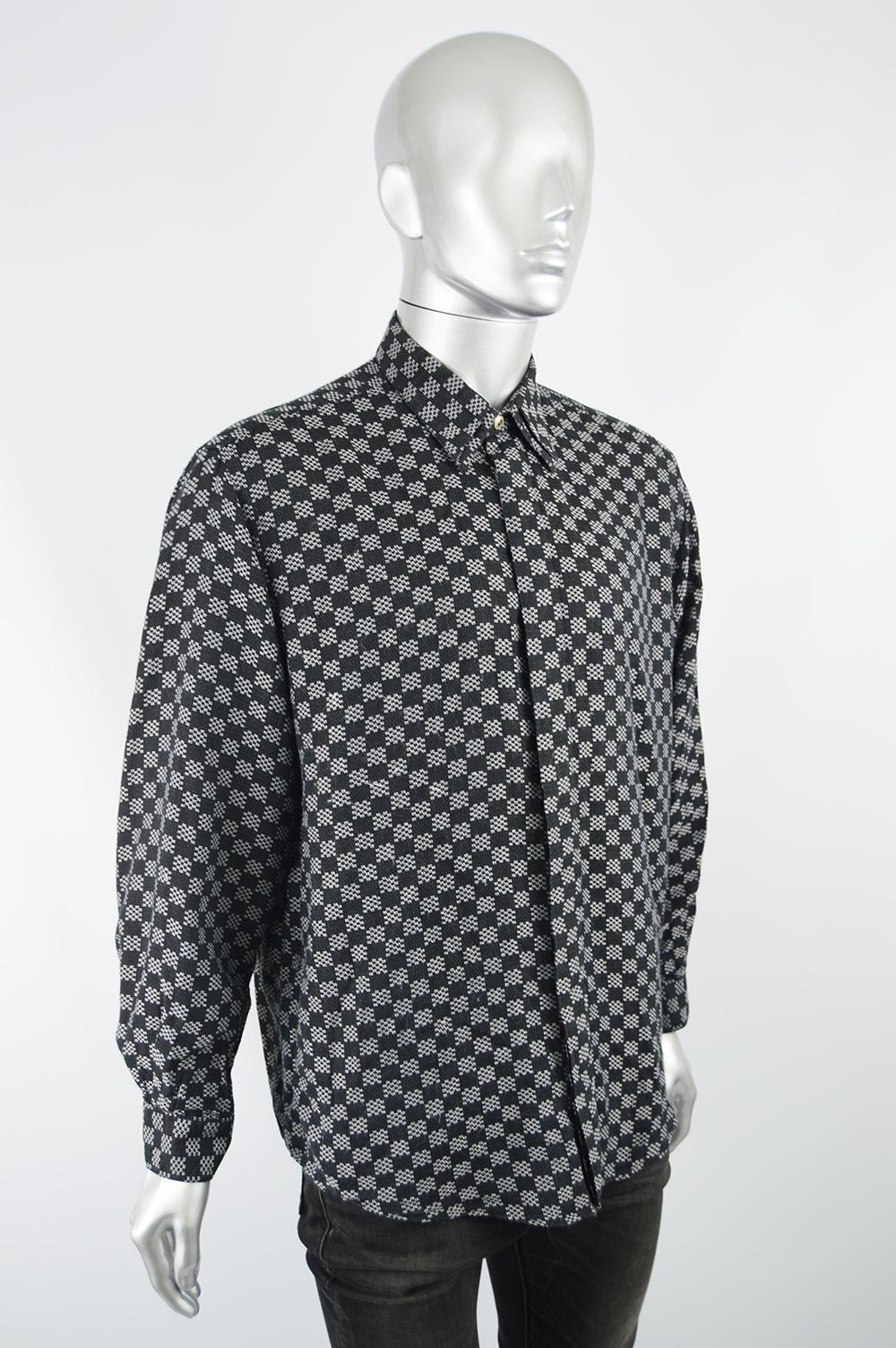 Gianni Versace Classic V2 Men's Checkerboard Pattern Jacquard Shirt, 1990s In Good Condition In Doncaster, South Yorkshire