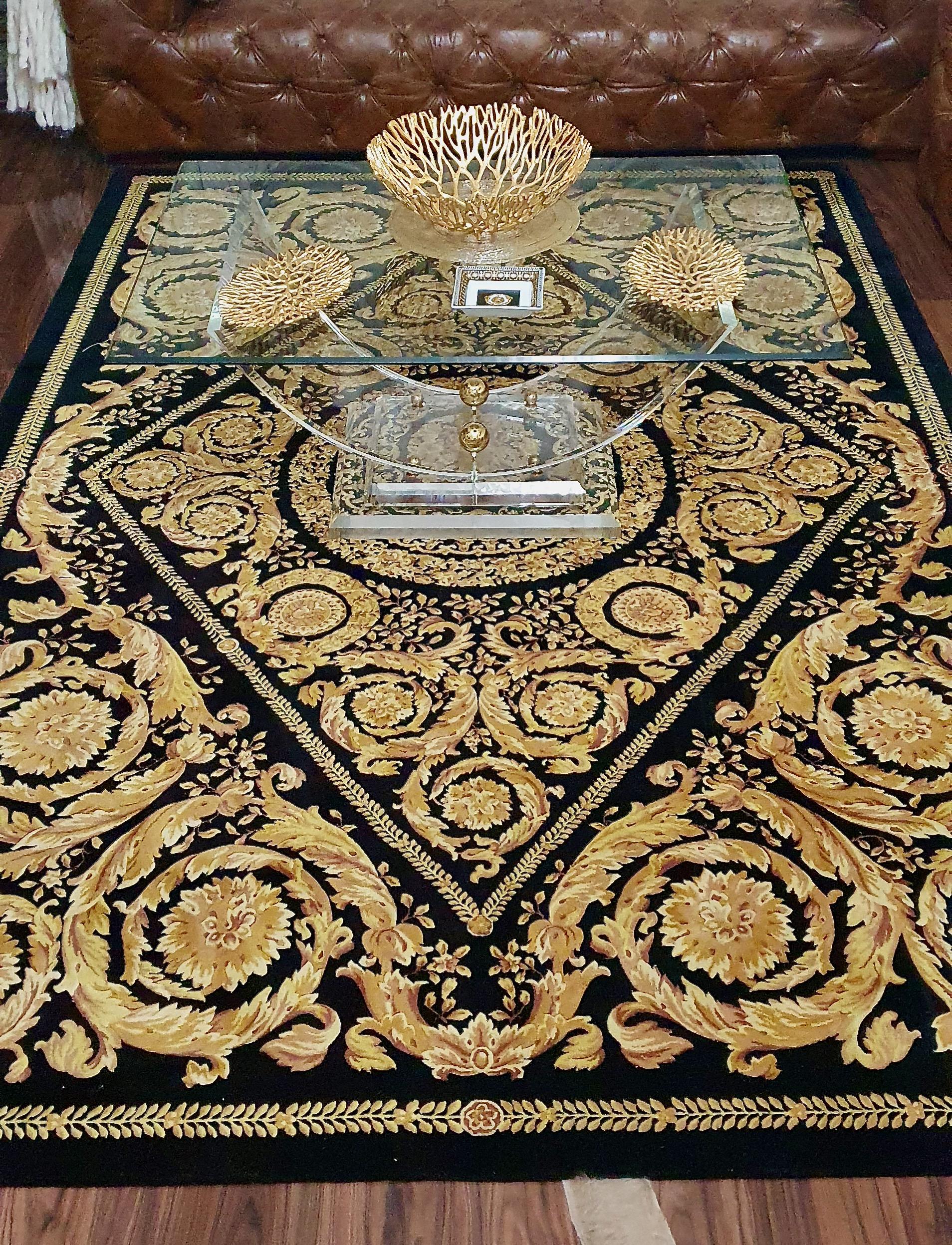 Wool Gianni Versace Collection Black and Gold Designer Carpet, Rug. Barocco For Sale