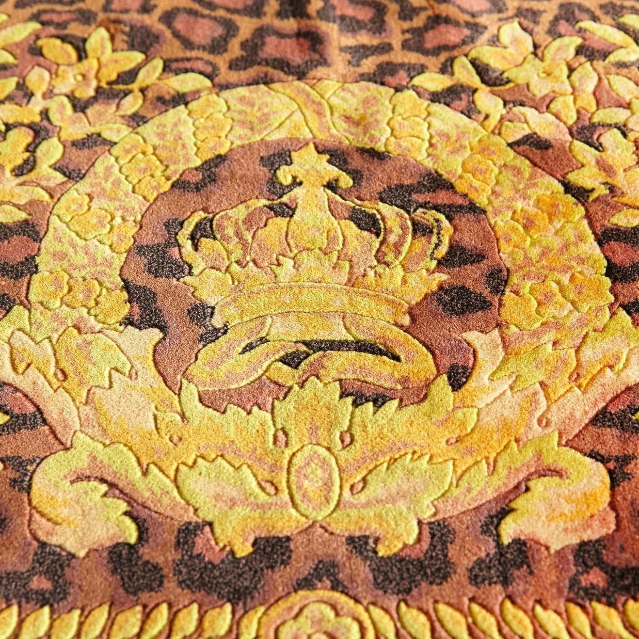 Hand-Knotted Gianni Versace Collection Rug Wild Barocco, Gold Leopard Animal Print, 1980 For Sale