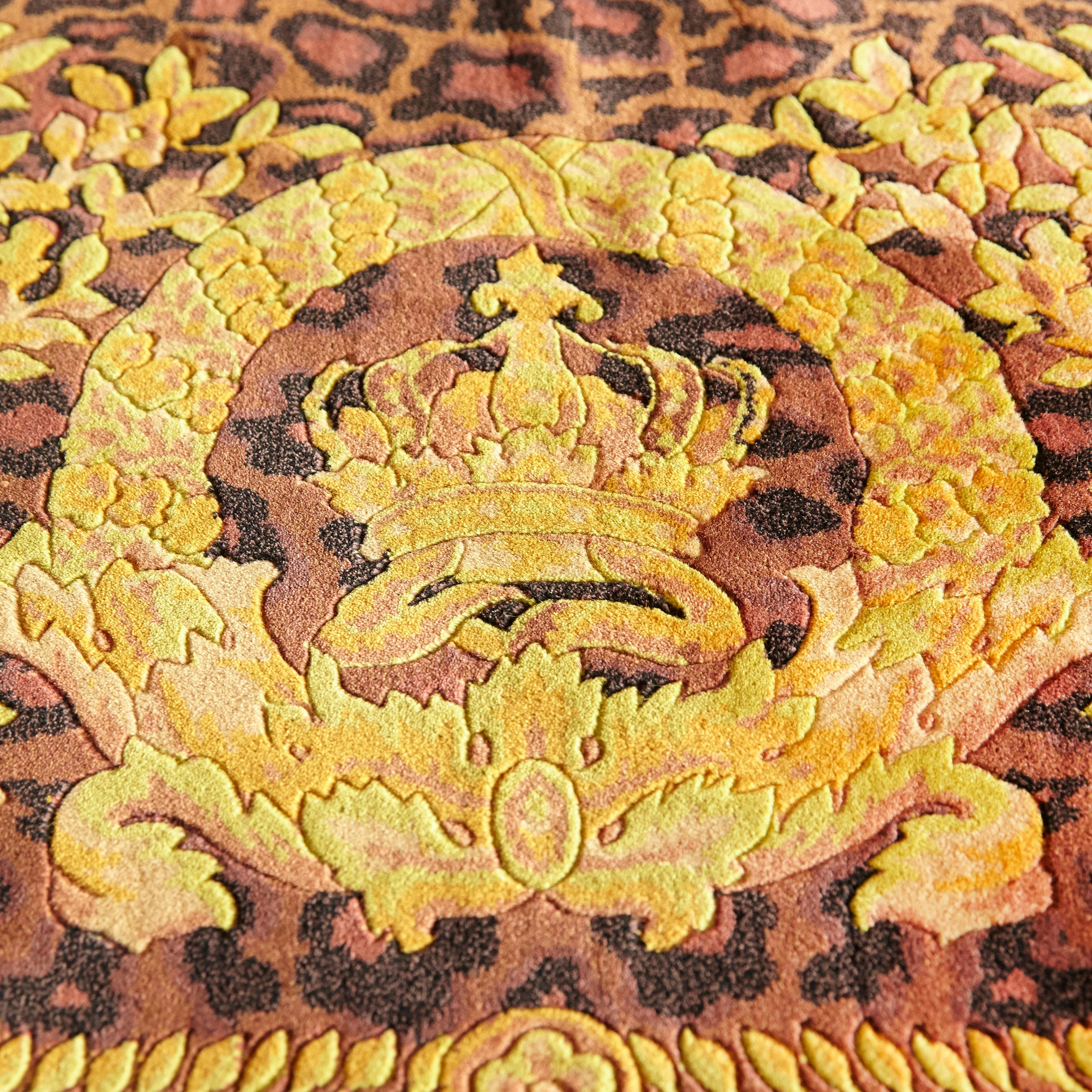 Hand-Knotted Gianni Versace Collection Rug Wild Barocco, Gold Leopard Animal Print, 1980